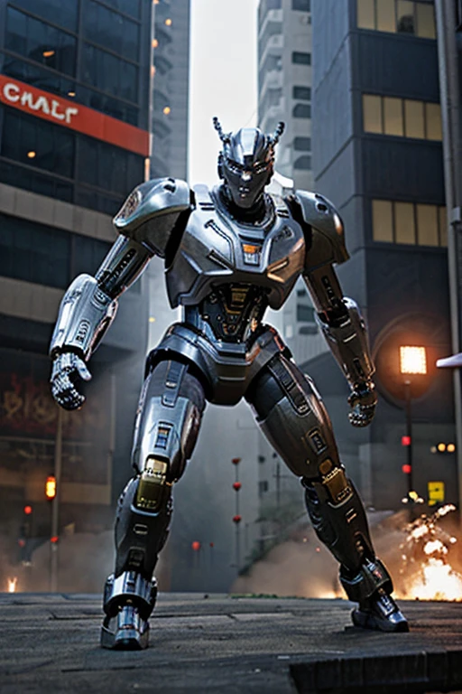 cybernetic warrior fighting giant robot
