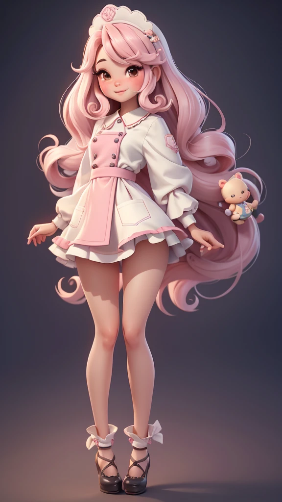 Themed with cute candy land chefs，Create a series of cute chibi style dolls, Each one is rich in details，Resolution reaches 8K. All dolls should follow the same Candy Land candy wallpaper pattern and be complete in the image, show (whole body, Including legs: 1.5)

Candyland F Doll: call her Marina. She must have had short soft hair. Your eyes should be large and expressive, long eyelashes and rosy cheeks. Smile is delicate and white. 蘇菲必須穿著色彩繽紛的clothing, Pastel tones and luscious details. She should be holding a piece of candy in her hand. Certifique-se de adicionar detalhes nas clothing, Such as buttons and pockets, Beautiful shoes must be shaded, Hair texture and details, clothing, Candy and chocolate bars, Make them more lovely and charming.
