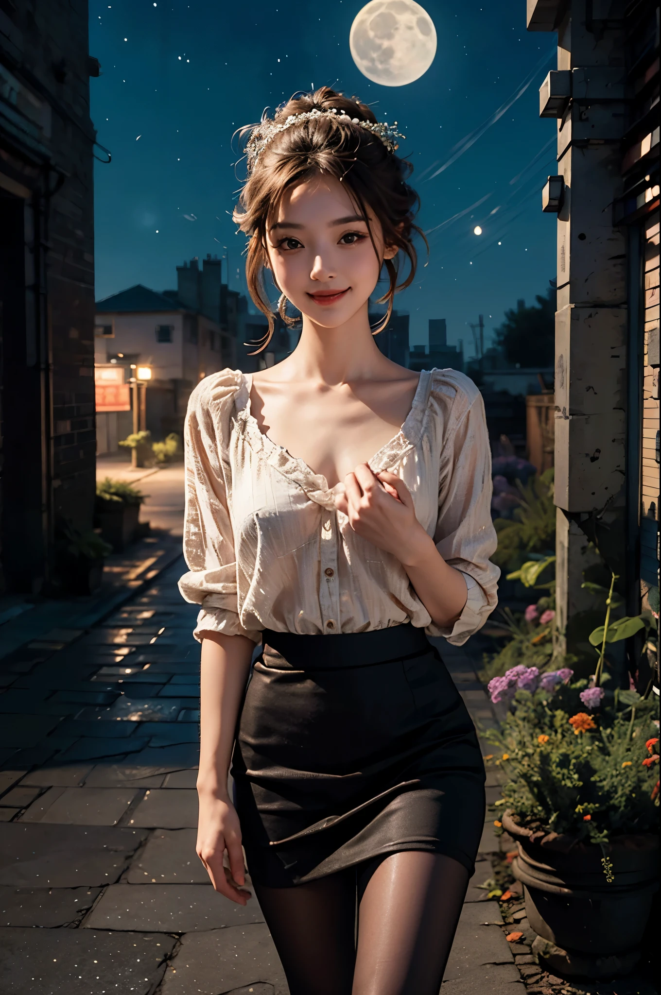 (original photo, low photo, best quality, masterpiece:1.3), (Practical, photo Practical:1.2), Ultra-high resolution, Ultra HD, High-detail color photos, Extremely detailed CG unified 8k wallpaper, Sharp focus, absurd, (Practical skin, Delicate skin, Clear, fair and radiant skin), Best Anatomy, (Movie Lighting), Glossy lips, 1 Girl, Long wavy hair, Hair accessories, Cute face, Smile, Looking at the audience, 1 Girl, , illustration, (outdoor, night, Star, moon), Black skirt, Pantyhose, surprise, Perfect anatomical structure. Perfect hands., Long legs