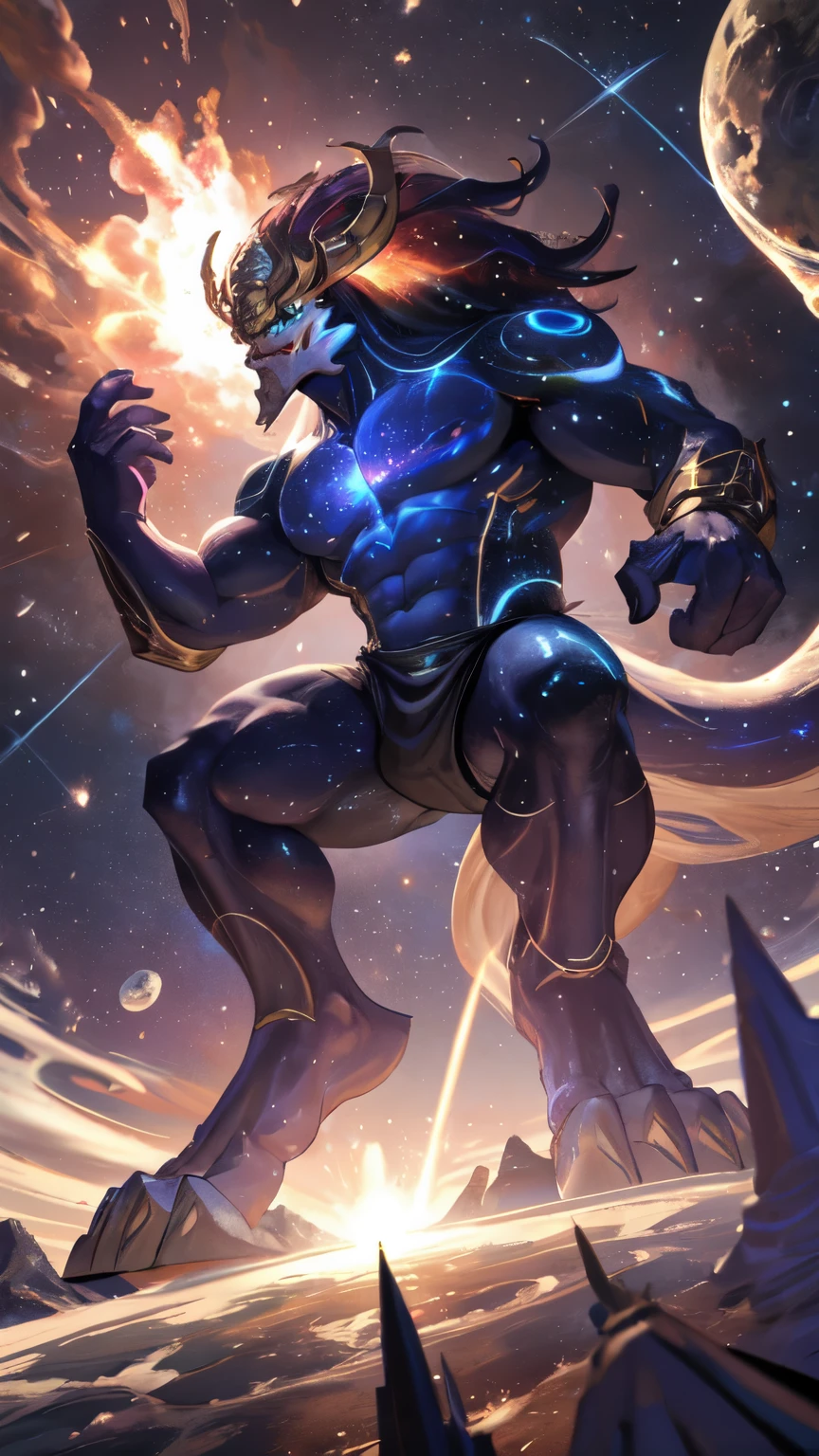 Aurelion sol (lol), galaxy skin texture, muscular body, ((ultra detailed body, detailed face, detailed eyes, detailed pupil, detailed mouth)), (((ass in front of the viewer)), back view looking at the viewer, ((anal vore small planet, vore, anal, small planet)), detailed balls, detailed tail