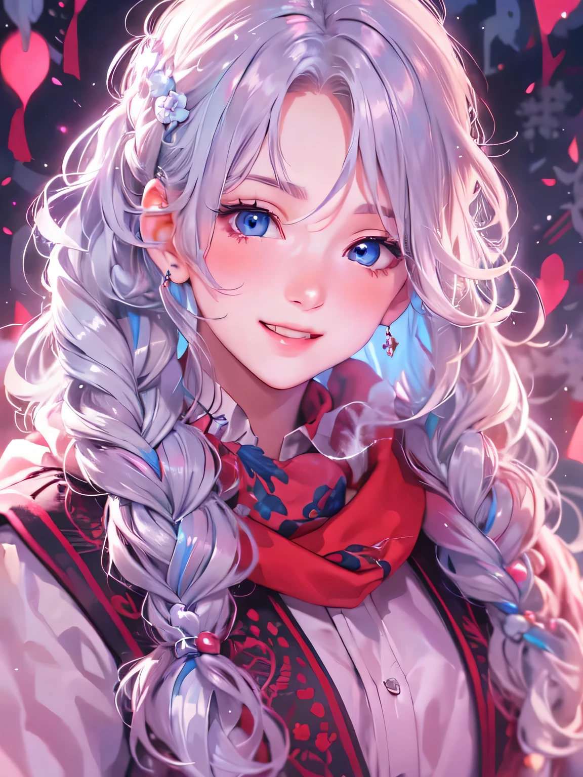 masterpiece、highest quality、High resolution、High-quality images、8k, 1 female、Skin Radiance、Texture of skin and clothing、Expression of fine eyes、Shiny bright silver hair,Girl with long braided hair, Manga inspired by Lee Jong-suk, Trending on deviantart, realism, detailed manga style, Manga art style, Perfect Line Drawing, Beautiful line art, digital manga art girl, K-POPアイドル, beautiful light blue eyes, Lips become thicker, Gorgeous face with attention to detail, (cute smile), charm, Innocent, Side view, (Perfectly detailed face), (Beautiful Hands) Photorealistic images, Written boundary depth, Princess Hairstyles, scarf、Red background、Duffle coat、chocolate、Adult female、colorful hair ornaments、Valentine、Wavy Hair、Embarrassed face、Red cheeks、Laughter、smile、smile、I have chocolate