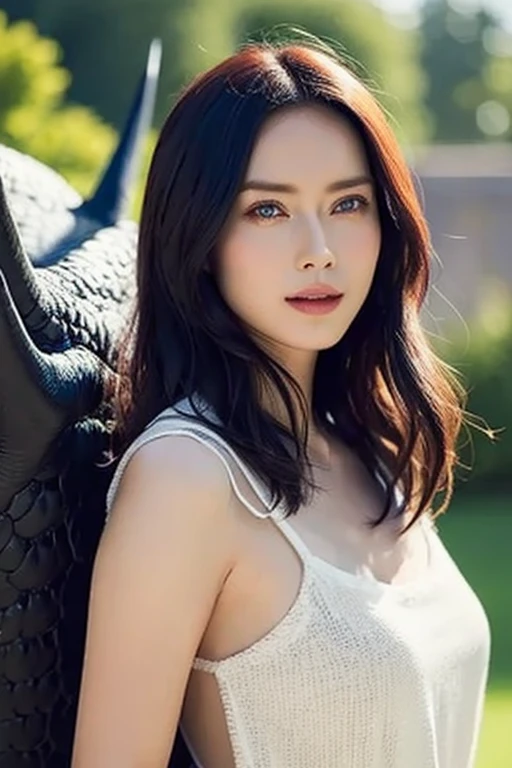 Beautiful blue-eyed woman posing for an elegant photo with a black dragon, Face to face, Ultra-realistic, Clear images