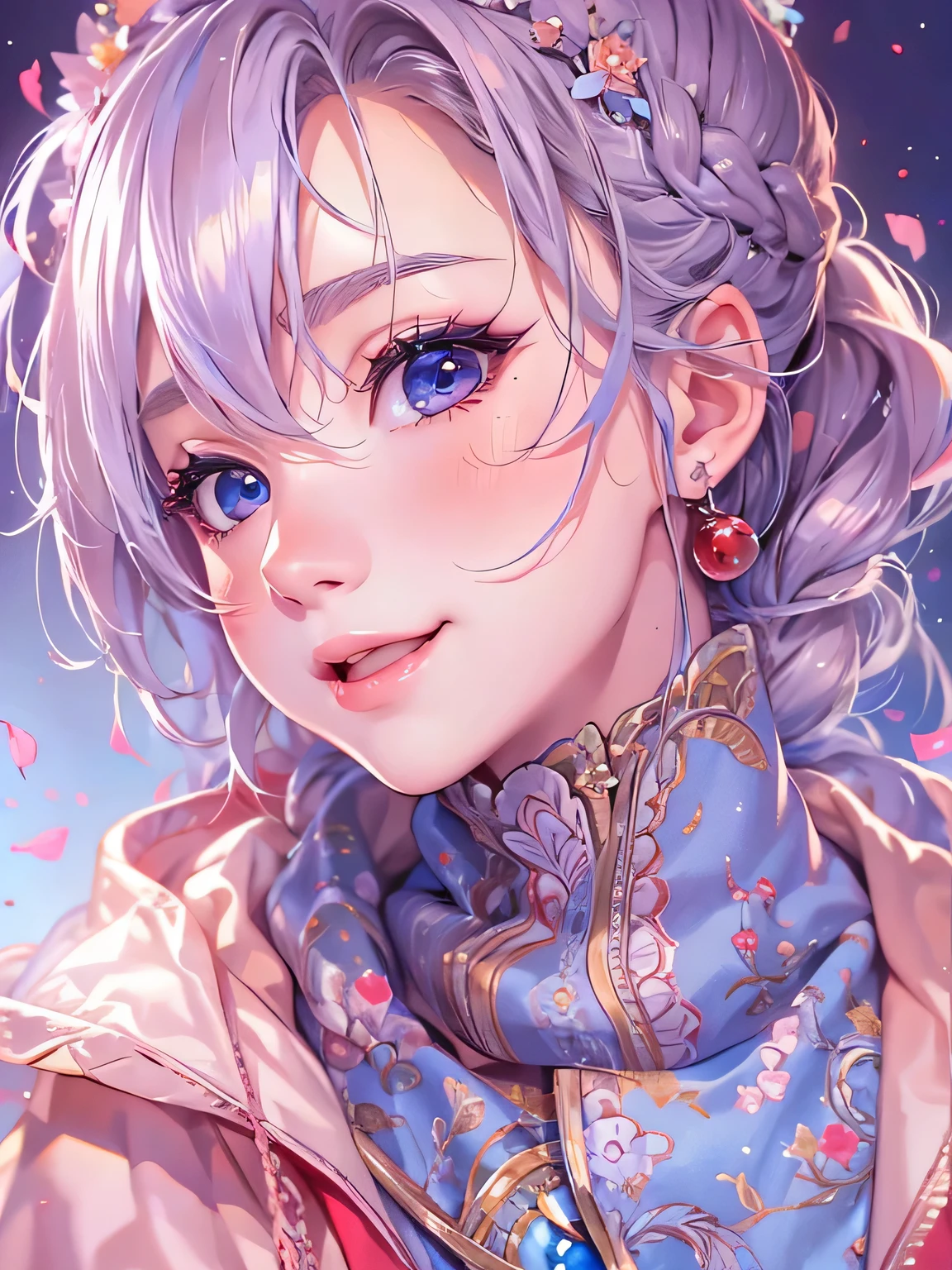 masterpiece、highest quality、High resolution、High-quality images、8k, 1 female、Skin Radiance、Texture of skin and clothing、Expression of fine eyes、Shiny bright silver hair,Girl with long braided hair, Manga inspired by Lee Jong-suk, Trending on deviantart, realism, detailed manga style, Manga art style, Perfect Line Drawing, Beautiful line art, digital manga art girl, K-POPアイドル, beautiful light blue eyes, Lips become thicker, Gorgeous face with attention to detail, (cute smile), charm, Innocent, Side view, (Perfectly detailed face), (Beautiful Hands) Photorealistic images, Written boundary depth, Princess Hairstyles, scarf、Red background、Duffle coat、chocolate、Adult female、colorful hair ornaments、Valentine、Wavy Hair、Embarrassed face、Red cheeks、Laughter、smile、smile、I have chocolate