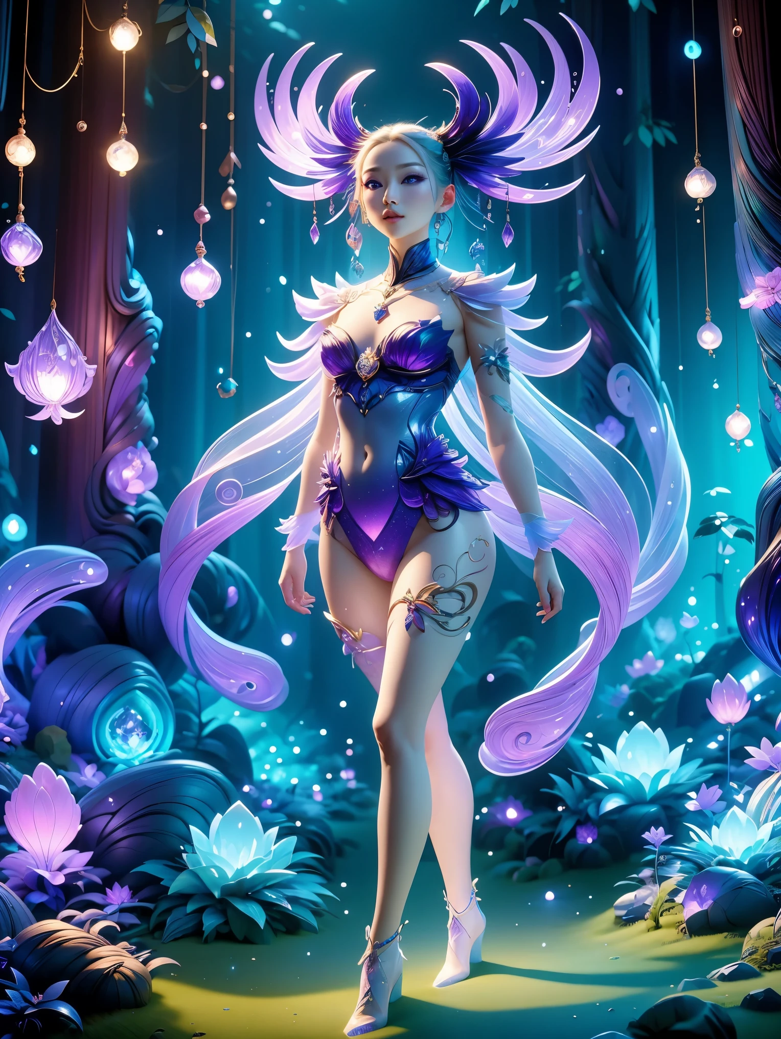 best quality,8k,HD,masterpiece,Ultra Detailed,lifelike,flash,Enchanted Forest,magical atmosphere,Amazing scenery,Colorful,(闪闪glow的仙女:1.5),queen of the forest,Charming witches,Carefully cast,French formation,Lovely,glow,Fluorescence,wand casting,装满glow液体的瓶子,Ethereal atmosphere,Anatomically correct,whole body,Standing,Slender legs,pretty feet