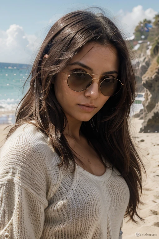 (Obra maestra, mejor calidad, high resolution: 1.2), 1 chica, Solo, cabello largo, lentes oscuros, cuerpo completo, sueter, cabello negro, rasgos latinos europeos, on the beach during the day