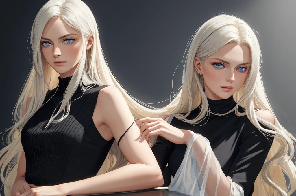 A tall, handsome, statuesque, masculine young man is a platinum blonde with long straight white hair, clear blue eyes, he is dressed in a black shirt, the sleeves of which are rolled up to the elbow, and classic black trousers, he hugs an incredibly beautiful femme fatale young woman with long golden hair, she has blue eyes, she is dressed in a simple yellow dress. Masterpiece, perfect image, realistic pictures, detailed face study, full-length image, 8k, detailed image. an extremely detailed illustration, a real masterpiece of the highest quality, with careful drawing.