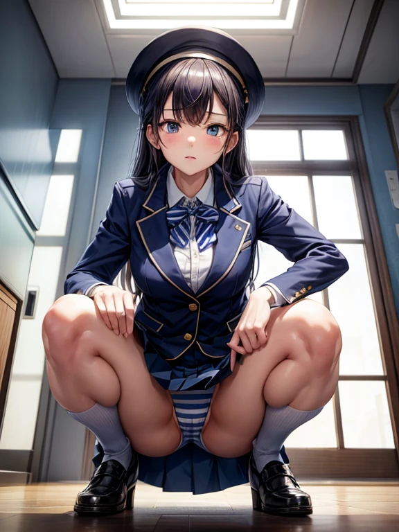 ,navy blue blazer, blue and white striped panties, squat, from below,While wearing a skirt、