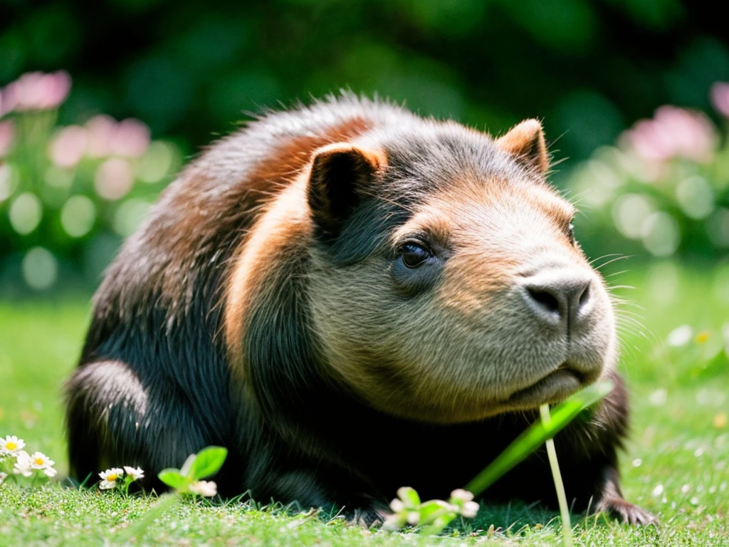 a single capybara,soft fur,curious eyes,docile smile,nature's beauty,green grass and blooming flowers,serene atmosphere,photorealistic:1.37,vivid colors,soft lighting