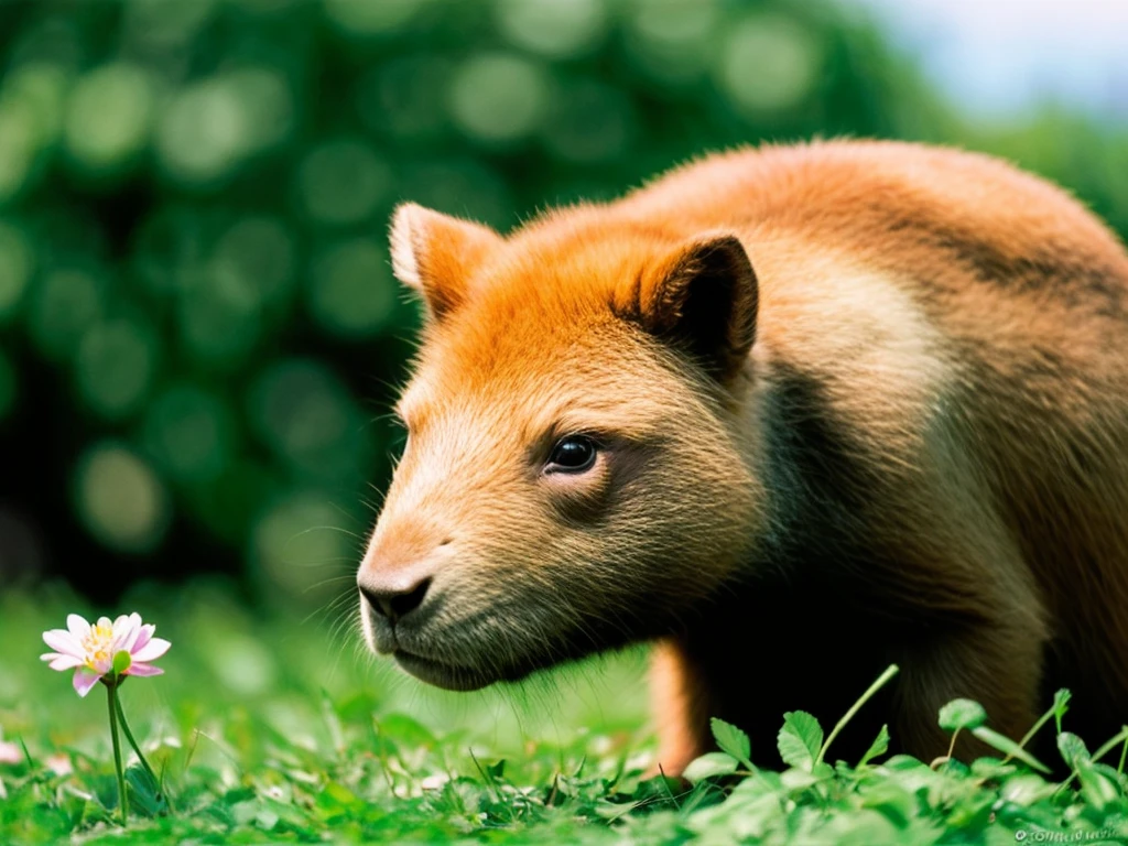 a single capybara,soft fur,curious eyes,docile smile,nature's beauty,green grass and blooming flowers,serene atmosphere,photorealistic:1.37,vivid colors,soft lighting