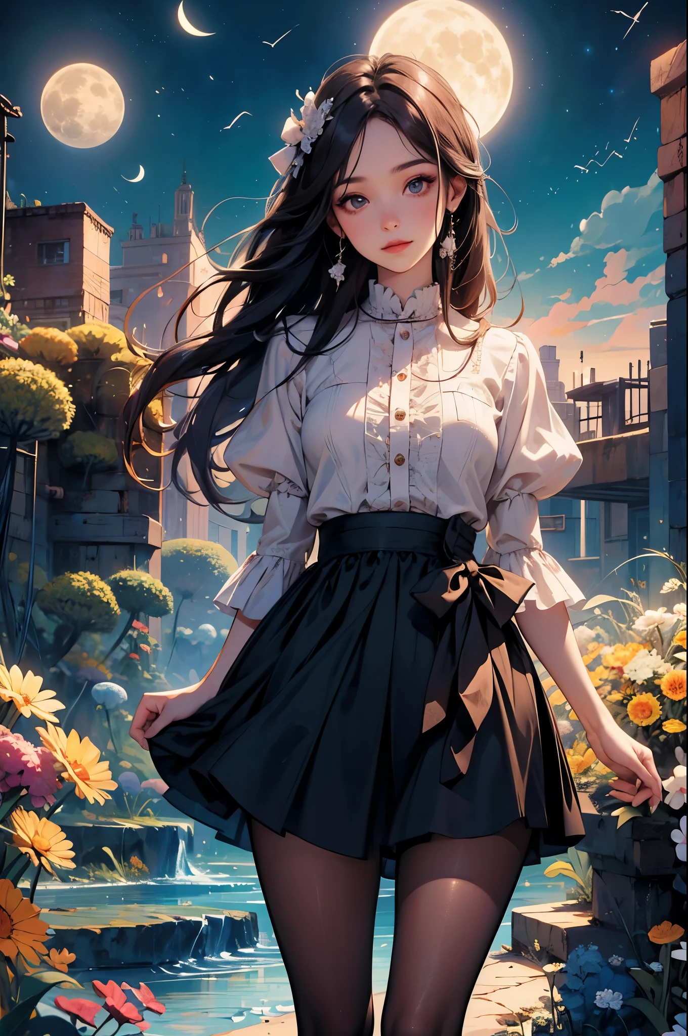 (original photo, low photo, best quality, masterpiece:1.3), (Practical, photo Practical:1.2), Ultra-high resolution, Ultra HD, High-detail color photos, Extremely detailed CG unified 8k wallpaper, Sharp focus, absurd, (Practical skin, Delicate skin, Clear, fair and radiant skin), Best Anatomy, (Movie Lighting), Glossy lips, 1 Girl, Long wavy hair, Hair accessories, Cute face, Smile, Looking at the audience, 1 Girl, , illustration, (outdoor, night, Star, moon), Black skirt, Pantyhose, surprise, Perfect anatomical structure. Perfect hands., Long legs