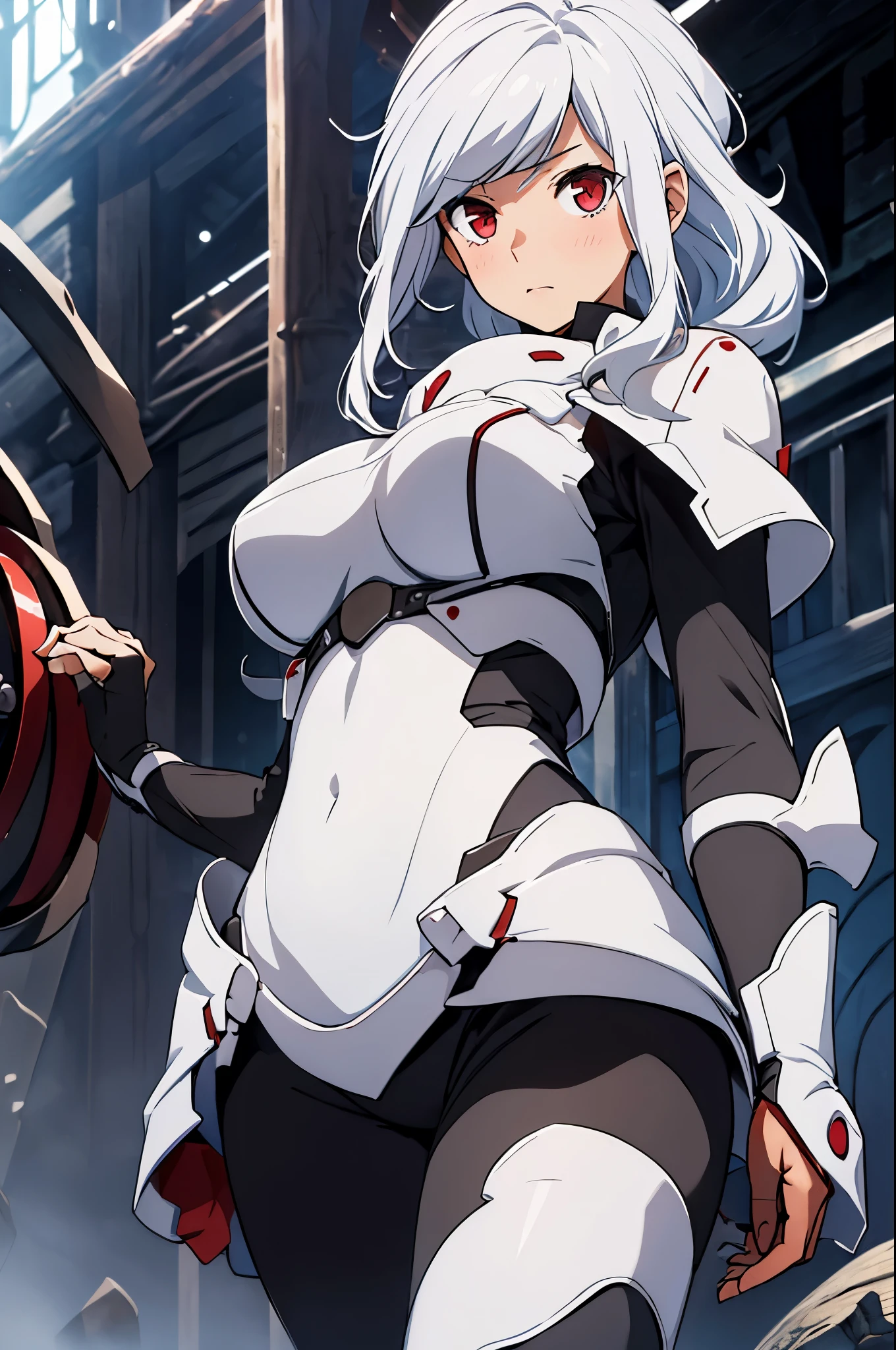 (masterpiece, best quality:1.2), expressive eyes, perfect face, highres, 1girl, solo, (female:1.5), bell cranel, long hair, white hair, red eyes,  black bodysuit, armor, blushing, standing, cowboy shot, looking at the viewer