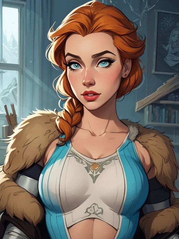 Personagem mulher estilo atompunk Fallout 4 Rainha Anna de Arendelle com marcas de guerras Imagem de desenho animado de uma mulher .Ilustra??o estilo desenho animado, estilo de arte dos desenhos animados, estilo de arte dos desenhos animados, digital illustration style, estilo atompunk design de personagens altamente detalhado, arte digital detalhada coragem, Forest fan art, Design de personagens de retrato, beautiful digital illustration, retrato de alta qualidade, Arte em quadrinhos, mulher jovem cabelo com transas lindas . Queen Anna of ArendelleBeautiful lined eyes Medium large bust and wonderful sexy clothes. image expression of sexual desire from waist to head illustration Queen Anne of Arendelle atompunk style Fallout 4