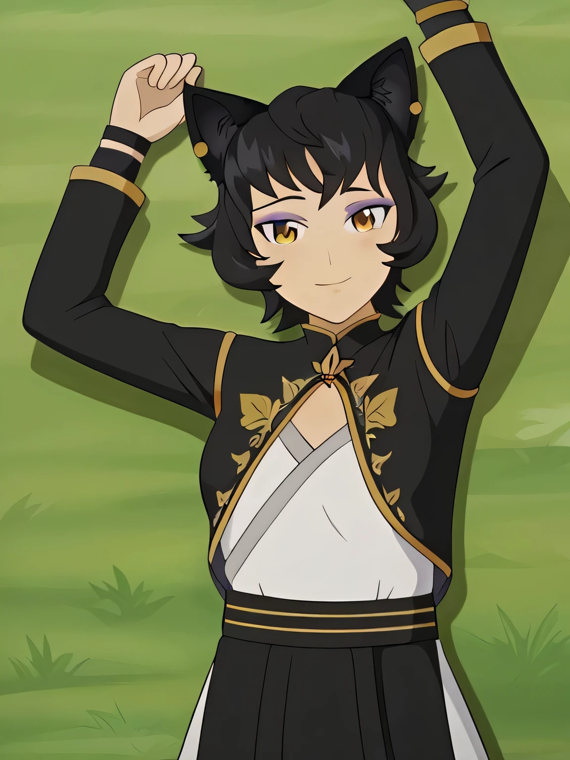 best quality, masterpiece, 4k, uncensored, perfect lighting, very aesthetic, anime BREAK,
mature female, kali belladonna, lying on back, arms up, spread arms, on grass, smile, closed mouth, BREAK looking at viewer, (cowboy shot:1.5),