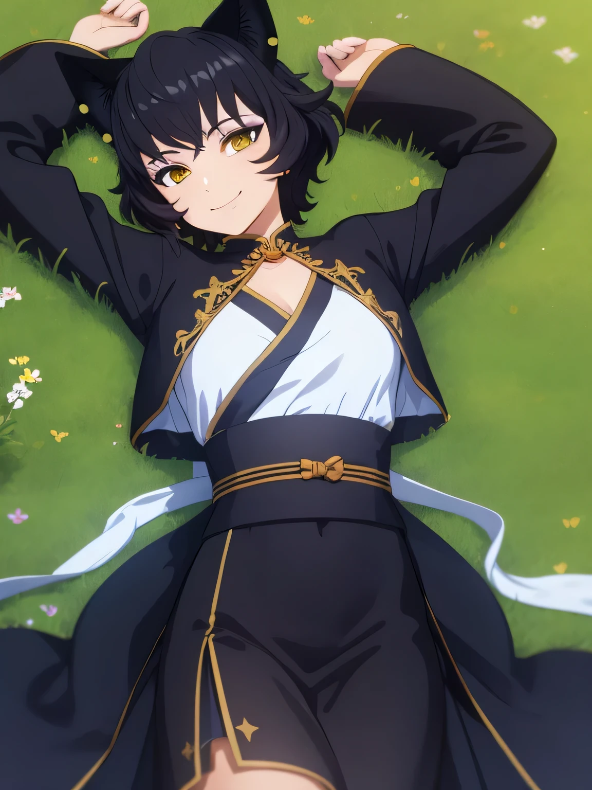 8k, highly detailed,
kali belladonna,
dress,
solo, lying on back, arms up, spread arms, on grass, smile, closed mouth, BREAK looking at viewer, (cowboy shot:1.5),