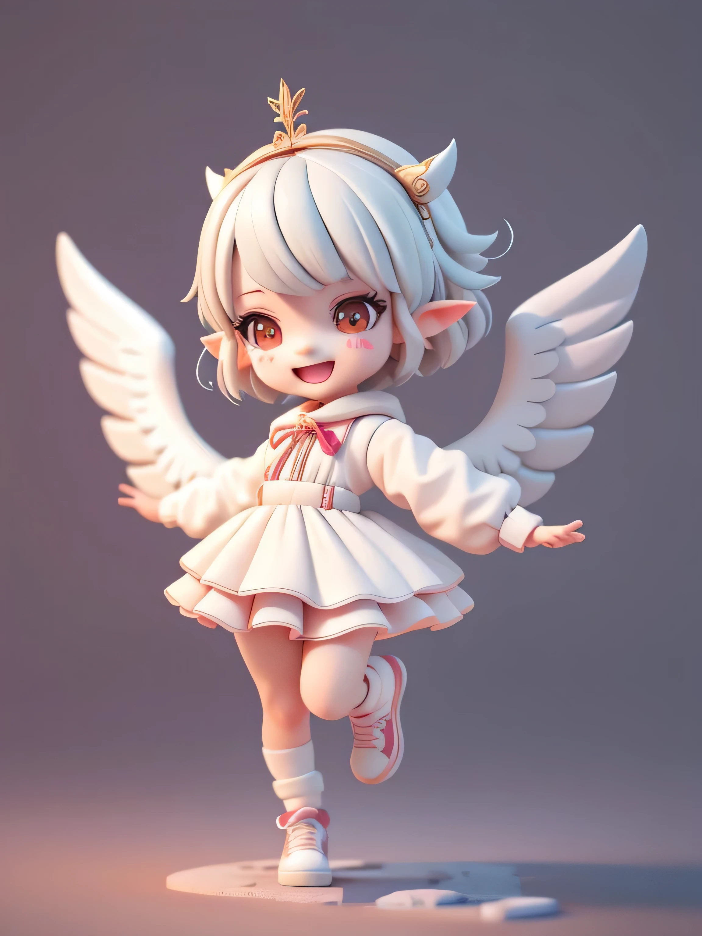 (Masterpiece), (Best Quality), (Ultra Detailed), (Full Body: 1.2), A Boy, Chibi, Cute, Smile, Open Mouth, Dancing, Dancing Hip Hop, Jumping Pose, plastic rain coat, Blush, Shirt, Short Hair, white Hair, Blush Stripe Sticker, Long Sleeves, Brunette Hair, Sneakers, Pants, 3D Clay Rendering, White Background, (Beautiful Detailed Face), (Beautiful Detail Eyes), red eyes, elf ears, angel wings