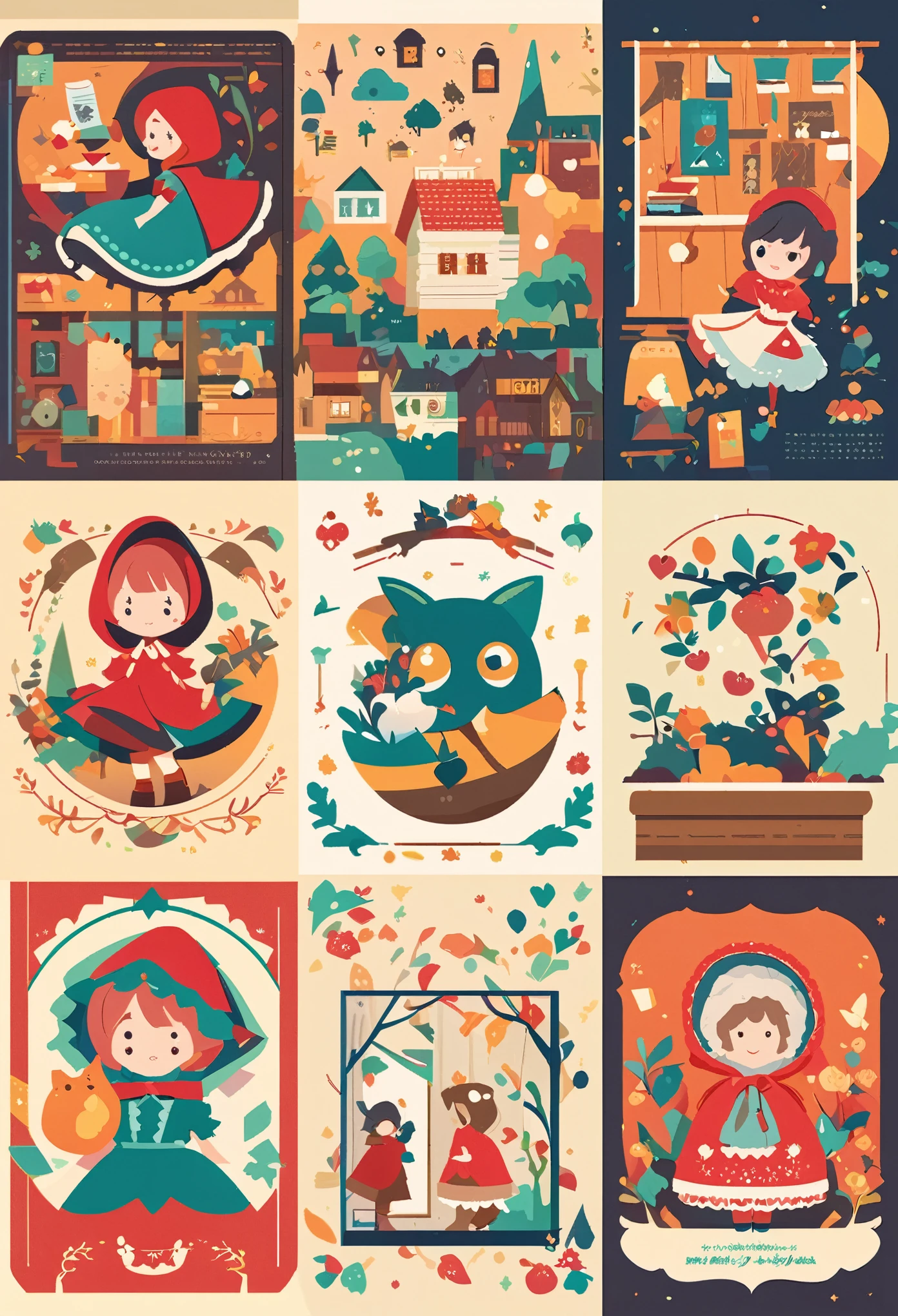 postcard design, story of Little Red Riding Hood, flat Design, vector illustrations, graphic illustration, detailed 2d illustration, flat illustration, digital illustration, digital artwork,