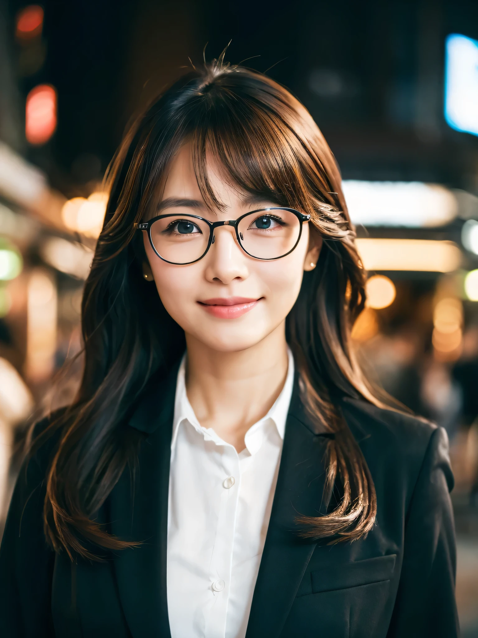 table top、highest quality、genuine、Super detailed、finely、High resolution、8k wallpaper、one beautiful woman、、、light brown disheveled hair、wearing a business suit、sharp focus、perfect dynamic composition、beautiful and detailed eyes、thin hair、Detailed genuine skin texture、smile、close-up portrait、model body shape、In Kyoto at night、wearing glasses with no edge