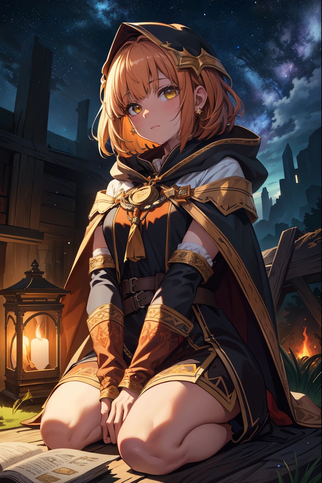 (extremely detailed CG unity 4k wallpaper),(masterpiece),(best quality),(ultra-detailed),(best illustration),(best shadow),(absurdres),(detailed background), Dark Fantasy setting, Campsite, Nightsky full of stars, Shoulder length Dark Red wavy hair (Bobcut), Amber eyes, priestess cloak, neutral expression, Seiza, Circlet, hands clasped, priestess travelers dress, Jewelry,