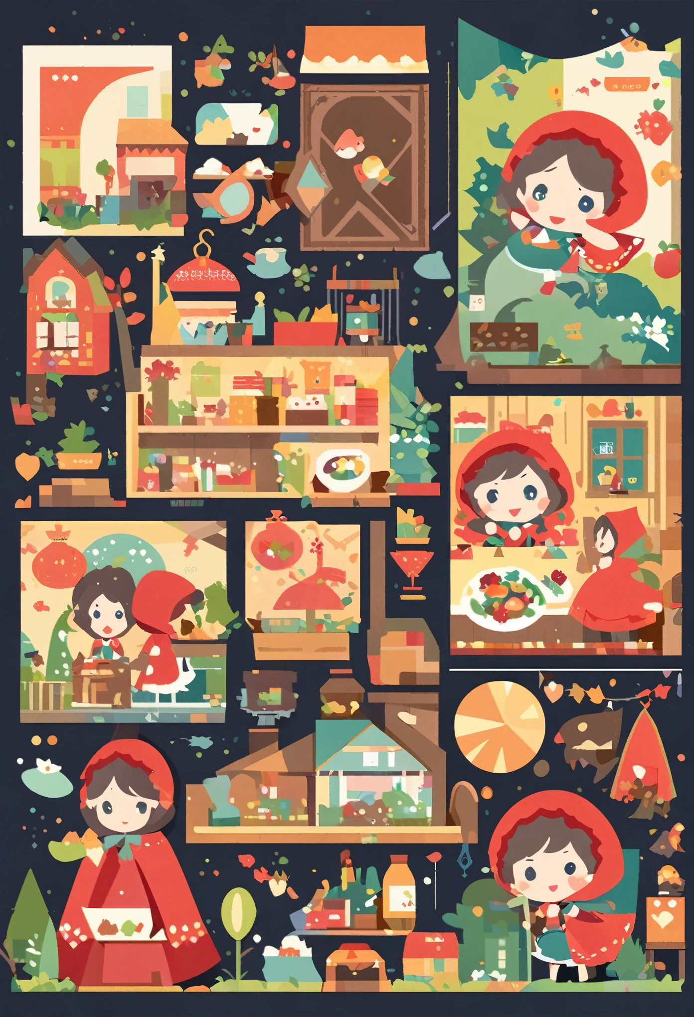 postcard design, story of Little Red Riding Hood, flat Design, vector illustrations, graphic illustration, detailed 2d illustration, flat illustration, digital illustration, digital artwork,