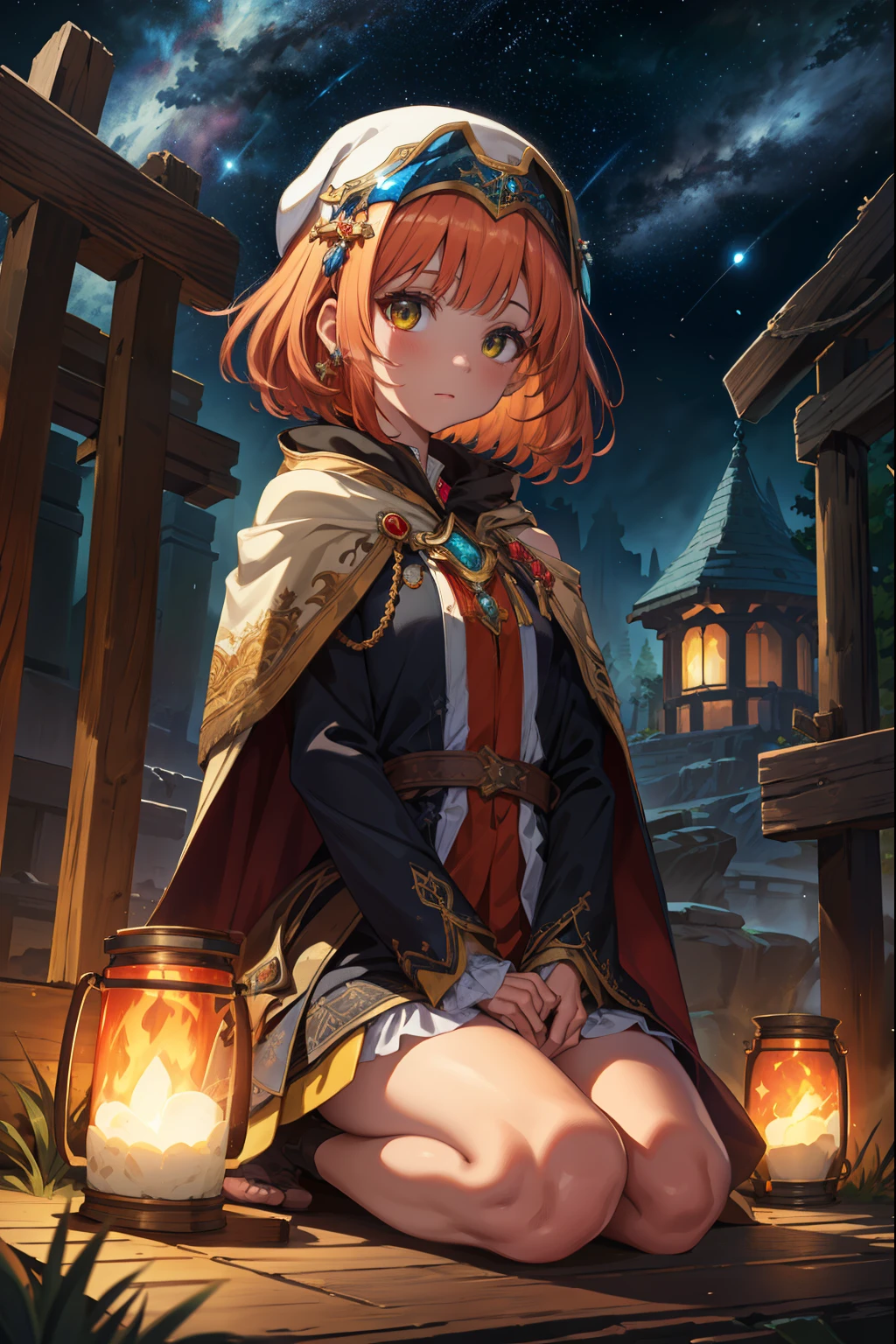 (extremely detailed CG unity 4k wallpaper),(masterpiece),(best quality),(ultra-detailed),(best illustration),(best shadow),(absurdres),(detailed background), Dark Fantasy setting, Campsite, Nightsky full of stars, Shoulder length Dark Red wavy hair (Bobcut), Amber eyes, priestess cloak, neutral expression, Seiza, Circlet, hands clasped, priestess travelers dress, Jewelry,