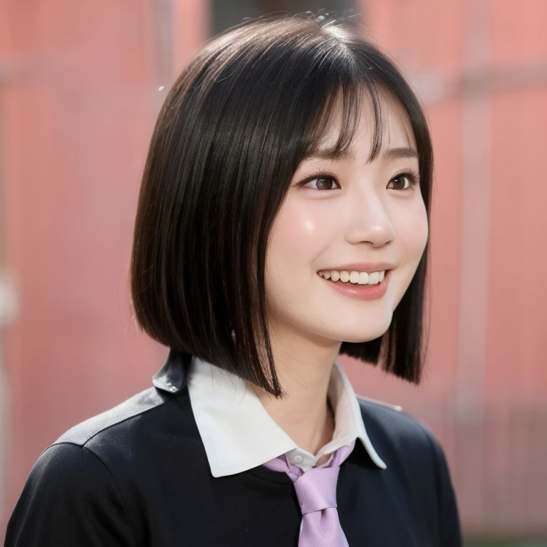 (kawaii 24year-old Japanese girl, Nogizaka idol, Korean idol), (glossy black hair, medium bob cut:1.3), (rounded face, black eyes, single eyelid, no makeup, big laughing:1.2), (wearing light pink collared shirt, necktie:1.3), (flat chest, extra small breasts:0.8), (looking down at something out of frame:1.2), BREAK, (sunny day outside background:1.3), (vertical shot, profile, close shot:1.3), BREAK, (masterpiece, best quality, photo realistic, official art:1.4), (UHD, 8K quality wallpaper, high resolution, raw photo, golden ratio:1.2), (shiny skin), professional lighting, physically based rendering, award winning, (perfect anatomy, highly detailed skin, extremely detailed face and eyes), Carl Zeiss 85 mm F/1.4, depth of field, 1girl, solo,