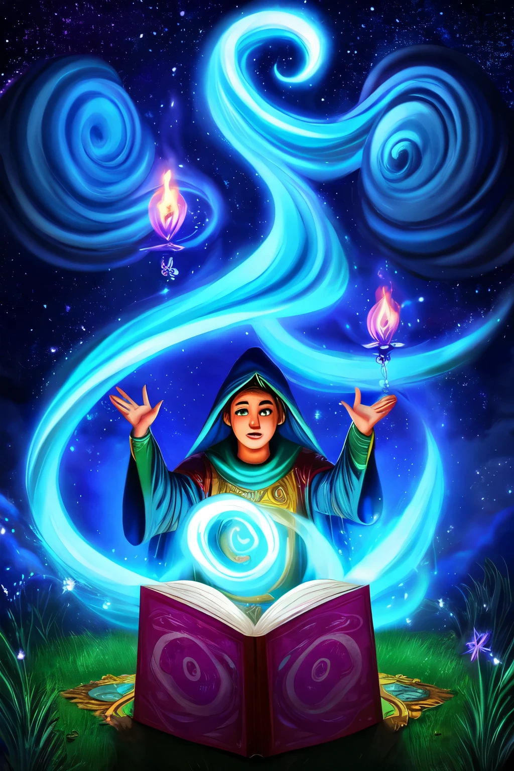 um guaxinim em vestes de mago, carregando um cajado, magical swirls around you, casting a spell, at night