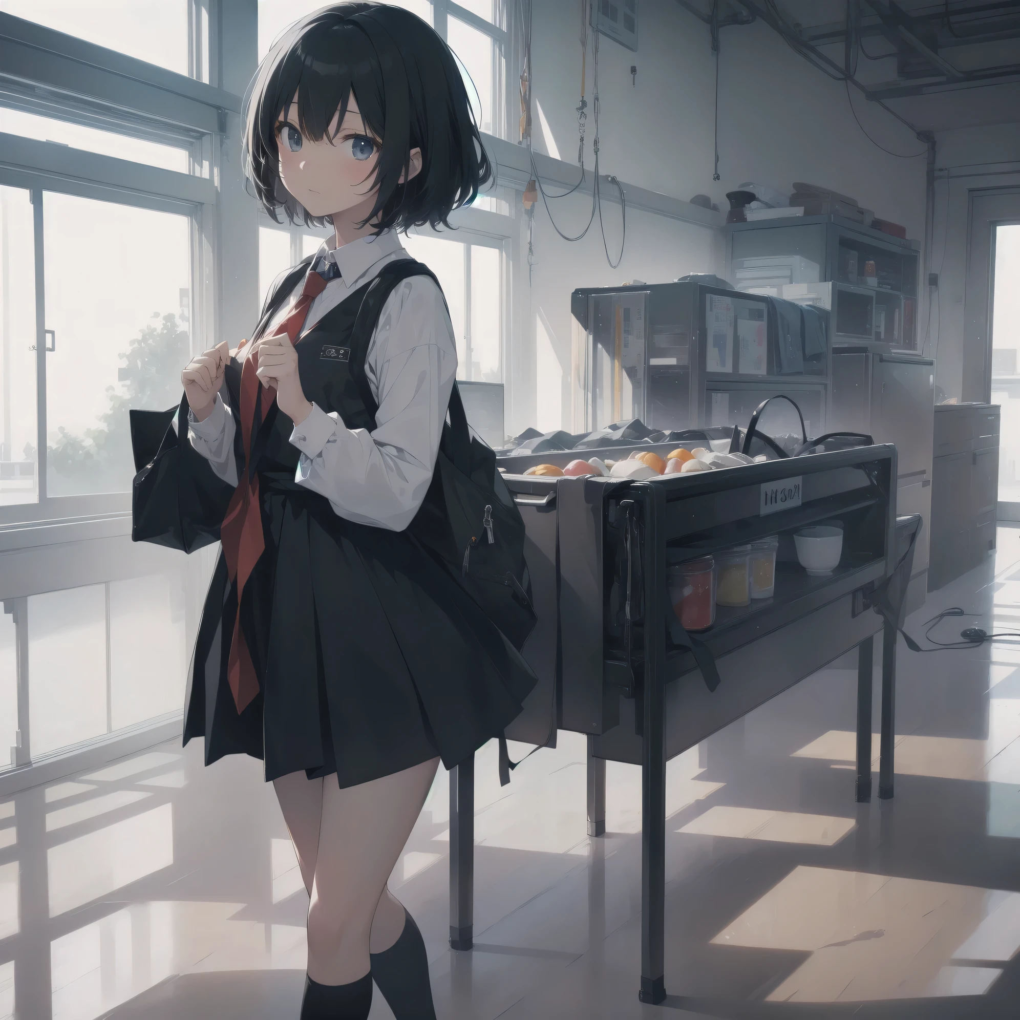 ultra-absurdres-Top quality by artist God, ultra-detailed, high resolution, anime moe artstyle, best anime 8k konachan wallpaper, pixiv contest winner,pool:2810, perfect anatomy,break, 1girl, (Please draw a girl walking sleepily to school alone. )break,(Solo,little female, 13-year-old:1.3),Full limbs, complete fingers,a junior high school student, (very short hair), short cut, flat chest, , small butt, small black eyes, beautiful detailed eyes, well-proportioned iris and pupils, expressive eyes, highres detailed hair, soft expression, school_uniform, official_alternate_costume, neckerchief, collared shirt. pleated skirt,(Detailed Lighting), (Detailed background), in the School commute route. break,super detailed skin, Best cinematic lighting powered by famous artist, 8k,beauty illustration,photoshop_(medium),very aesthetic,break,((artist:ido_(teketeke))), artist:bolze ,artist:oyari_ashito ,artist:kantoku ,