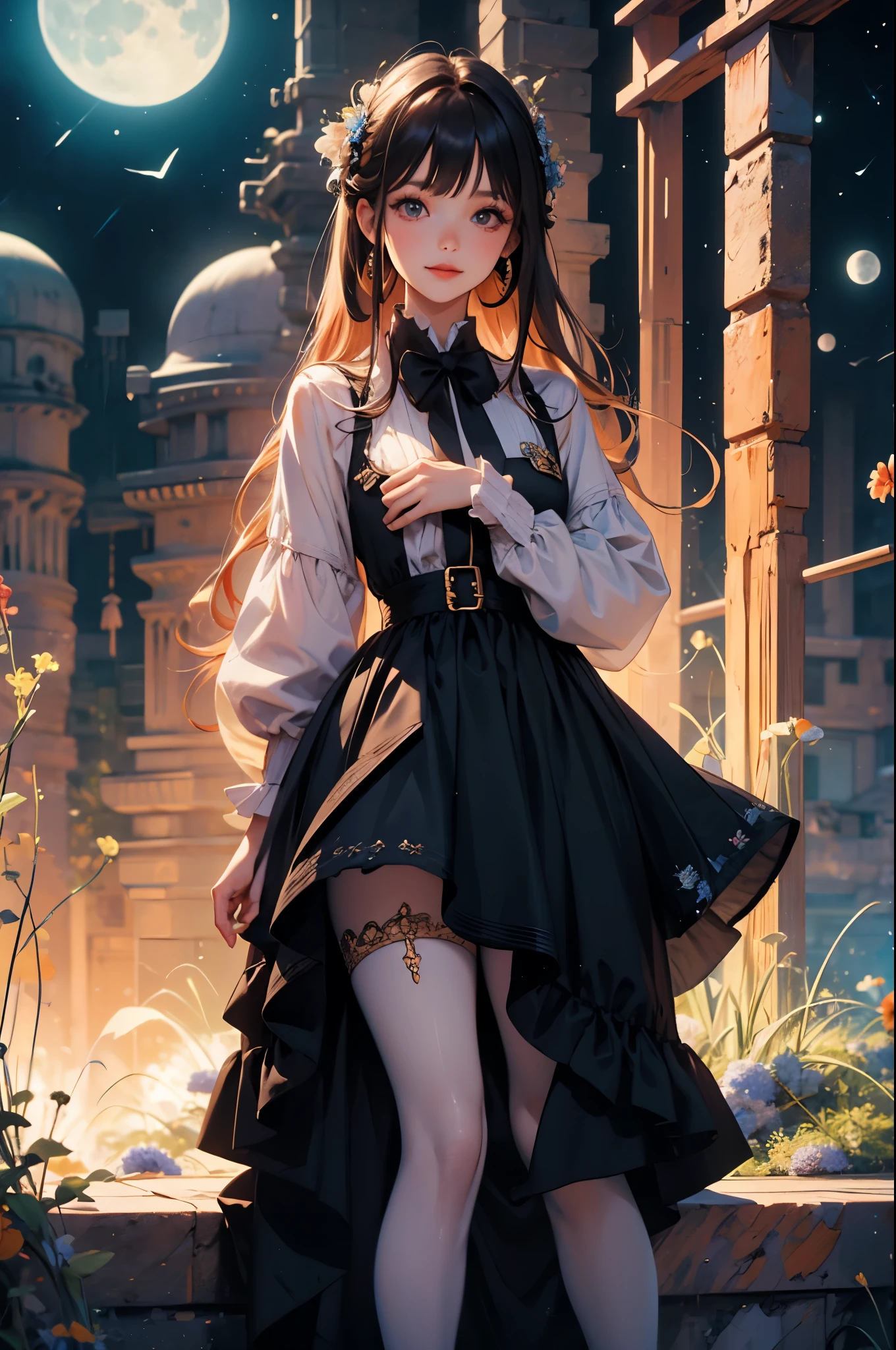 (original photo, low photo, best quality, masterpiece:1.3), (Practical, photo Practical:1.2), Ultra-high resolution, Ultra HD, High-detail color photos, Extremely detailed CG unified 8k wallpaper, Sharp focus, absurd, (Practical skin, Delicate skin, Clear, fair and radiant skin), Best Anatomy, (Movie Lighting), Glossy lips, 1 Girl, Long wavy hair, Hair accessories, Cute face, Smile, Looking at the audience, 1 Girl, , illustration, (outdoor, night, Star, moon), Black skirt, Pantyhose, surprise, Perfect anatomical structure. Perfect hands., Long legs