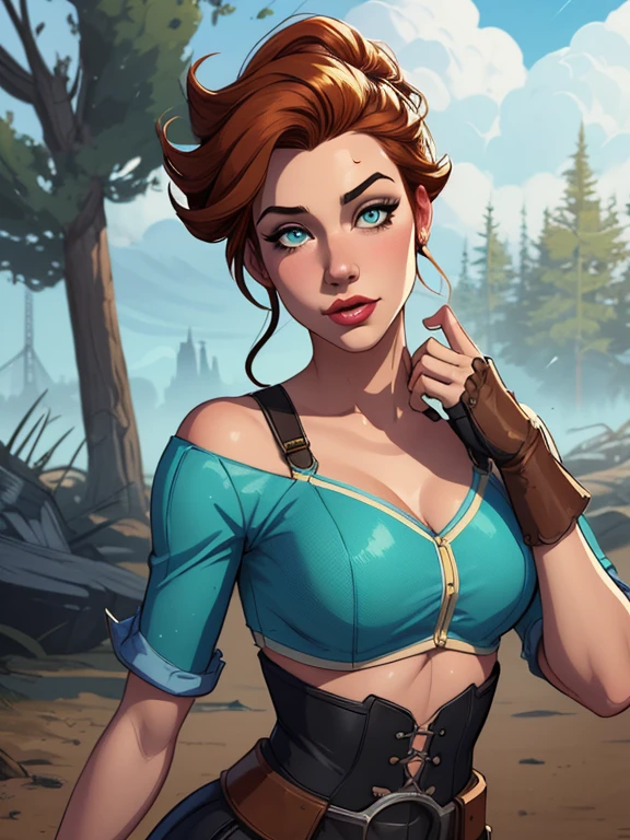Personagem mulher estilo atompunk Fallout 4 Jennifer Connelly le com marcas de guerras Imagem de desenho animado de uma mulher .Ilustra??o estilo desenho animado, estilo de arte dos desenhos animados, estilo de arte dos desenhos animados, digital illustration style, estilo atompunk design de personagens altamente detalhado, arte digital detalhada coragem, Forest fan art, Design de personagens de retrato, beautiful digital illustration, retrato de alta qualidade, Arte em quadrinhos, mulher jovem cabelo com transas lindas . Queen Anna of ArendelleBeautiful lined eyes Medium large bust and wonderful sexy clothes. image expression of sexual desire from waist to head illustration Queen Anne of Arendelle atompunk style Fallout 4 The perspective is from above, emphasizing the majesty and power of the Giant."