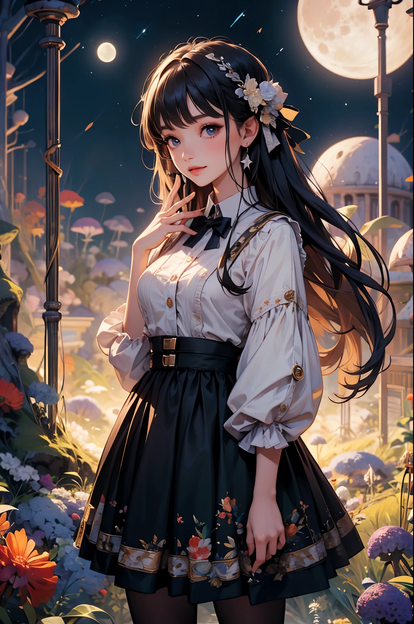 (original photo, low photo, best quality, masterpiece:1.3), (Practical, photo Practical:1.2), Ultra-high resolution, Ultra HD, High-detail color photos, Extremely detailed CG unified 8k wallpaper, Sharp focus, absurd, (Practical skin, Delicate skin, Clear, fair and radiant skin), Best Anatomy, (Movie Lighting), Glossy lips, 1 Girl, Long wavy hair, Hair accessories, Cute face, Smile, Looking at the audience, 1 Girl, , illustration, (outdoor, night, Star, moon), Black skirt, Pantyhose, surprise, Perfect anatomical structure. Perfect hands., Long legs