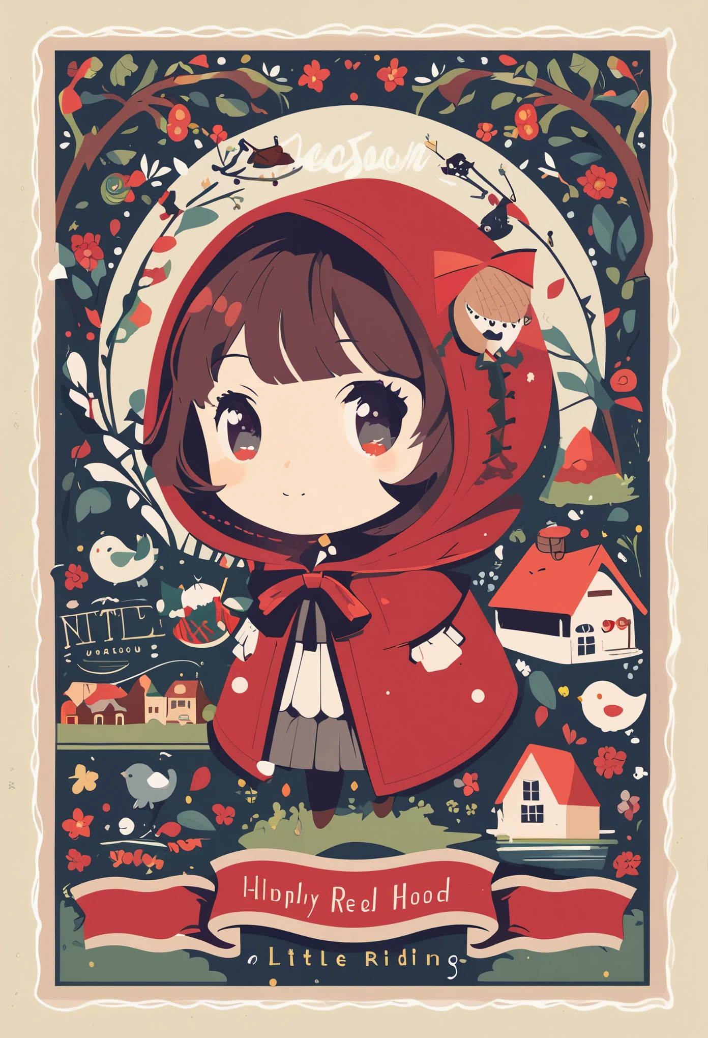 postcard design, story of Little Red Riding Hood, flat Design, vector illustrations, graphic illustration, detailed 2d illustration, flat illustration, digital illustration, digital artwork,