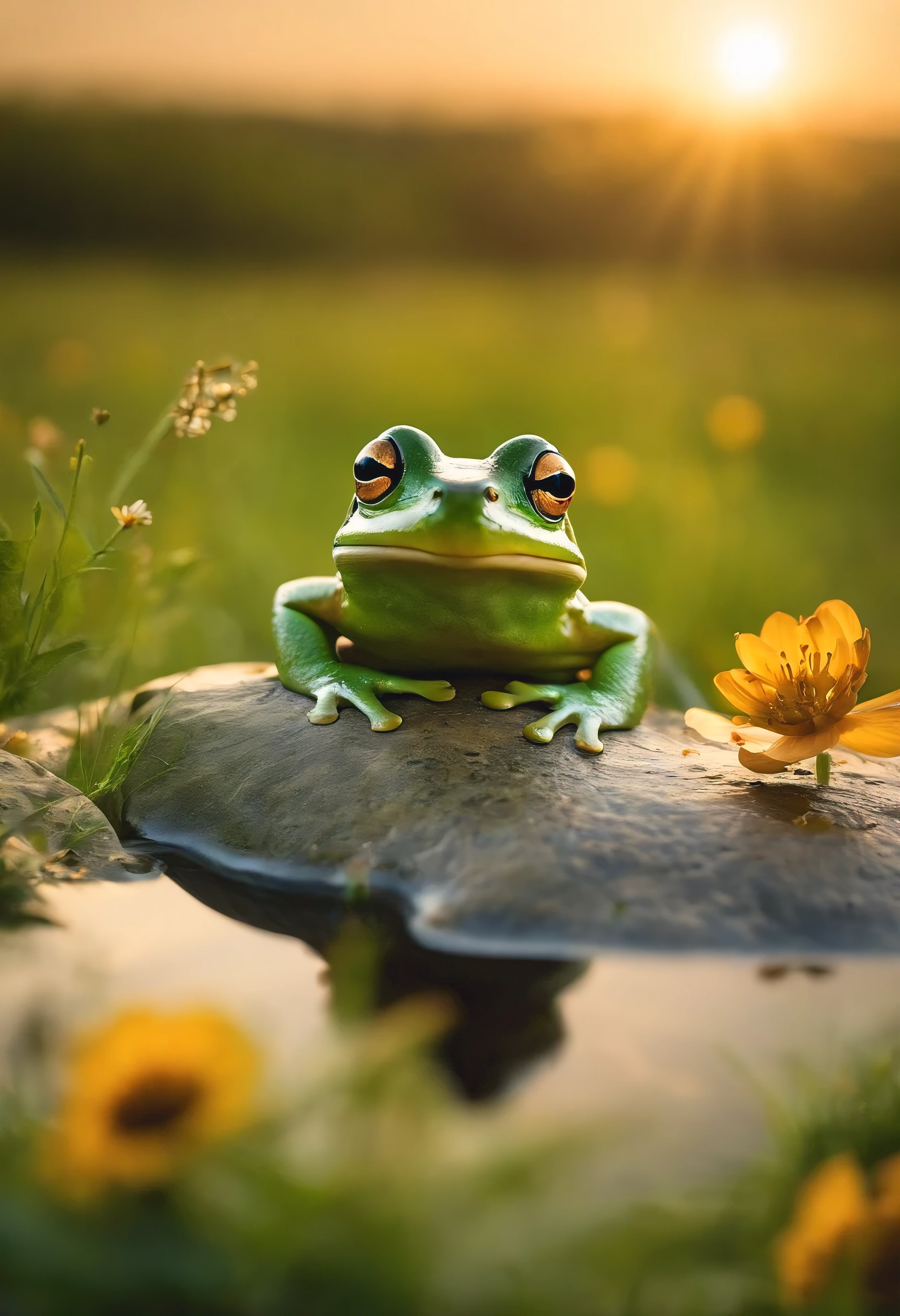 A beautiful green frog with four on a huge stone next to a large camera lies on a flower meadow in the morning sky with splashes of glowing water.,Magnetic storms, early morning, glowing sky, green frog on a huge stone with a camera lying nearby, Jean-Baptiste Monge, anthropomorphic --ar 2:3 --testp - optimistic; macro photography