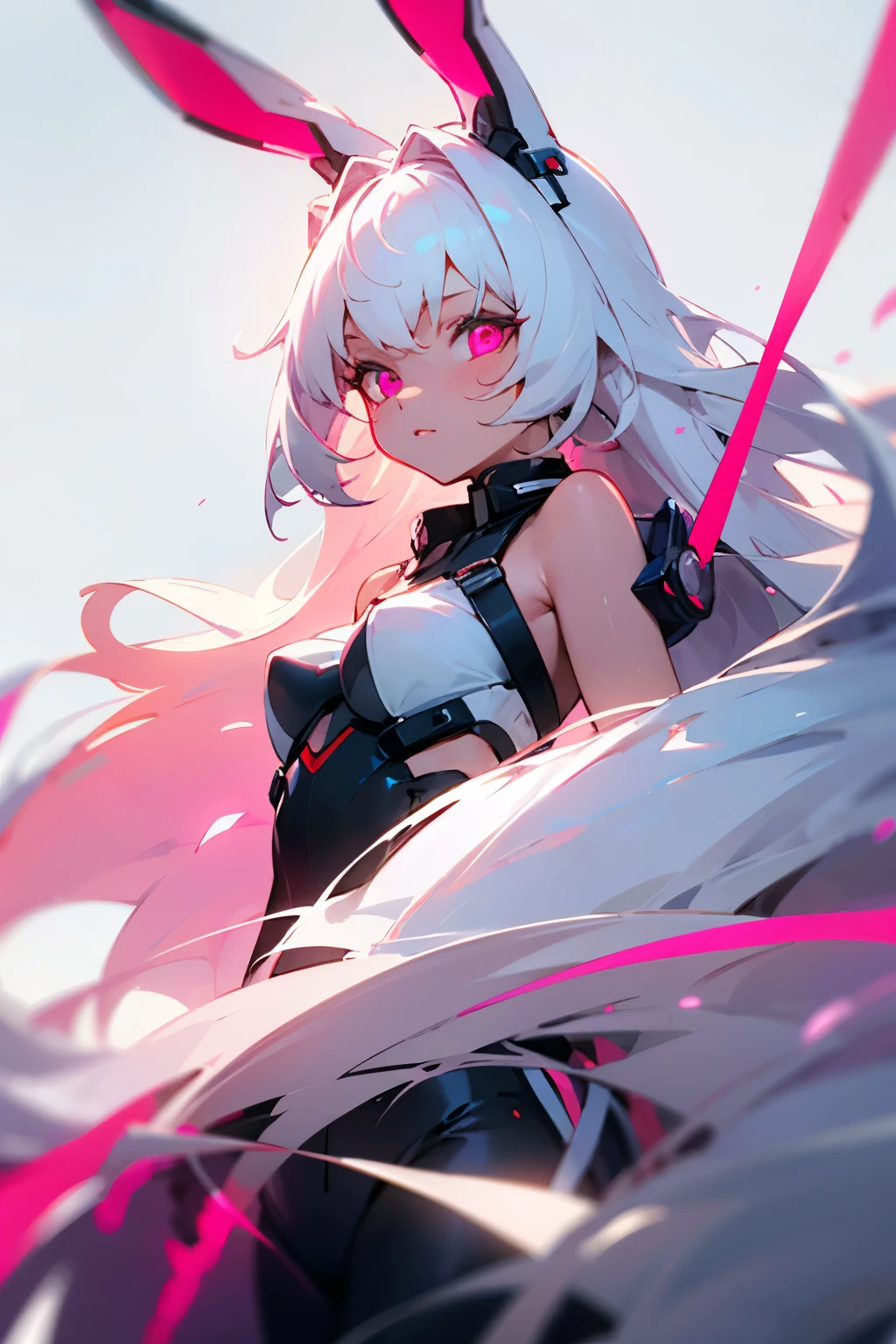 Beautiful and cute girl with long curly white hair neon pink eyes light skin and bunny ears
