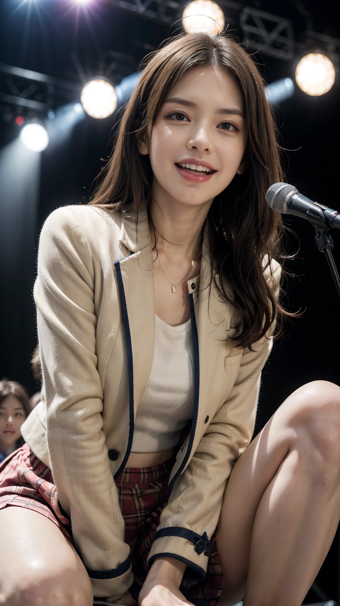 highest quality,masterpiece,Ultra-high resolution,(Actual:1.4),Original photo,Ultra-high resolution,8K,Idols wearing Nogizaka46 live costumes,Flashy makeup with red eyeshadow,Big laughing smile,Short, side-wave style for delicate hair,A live costume of a high school girl's uniform mini skirt,Live costume: high school girl uniform jacket,Girl Idol,Spreading her legs:1.5,Concert Venues,Hold the wireless microphone in your hand,