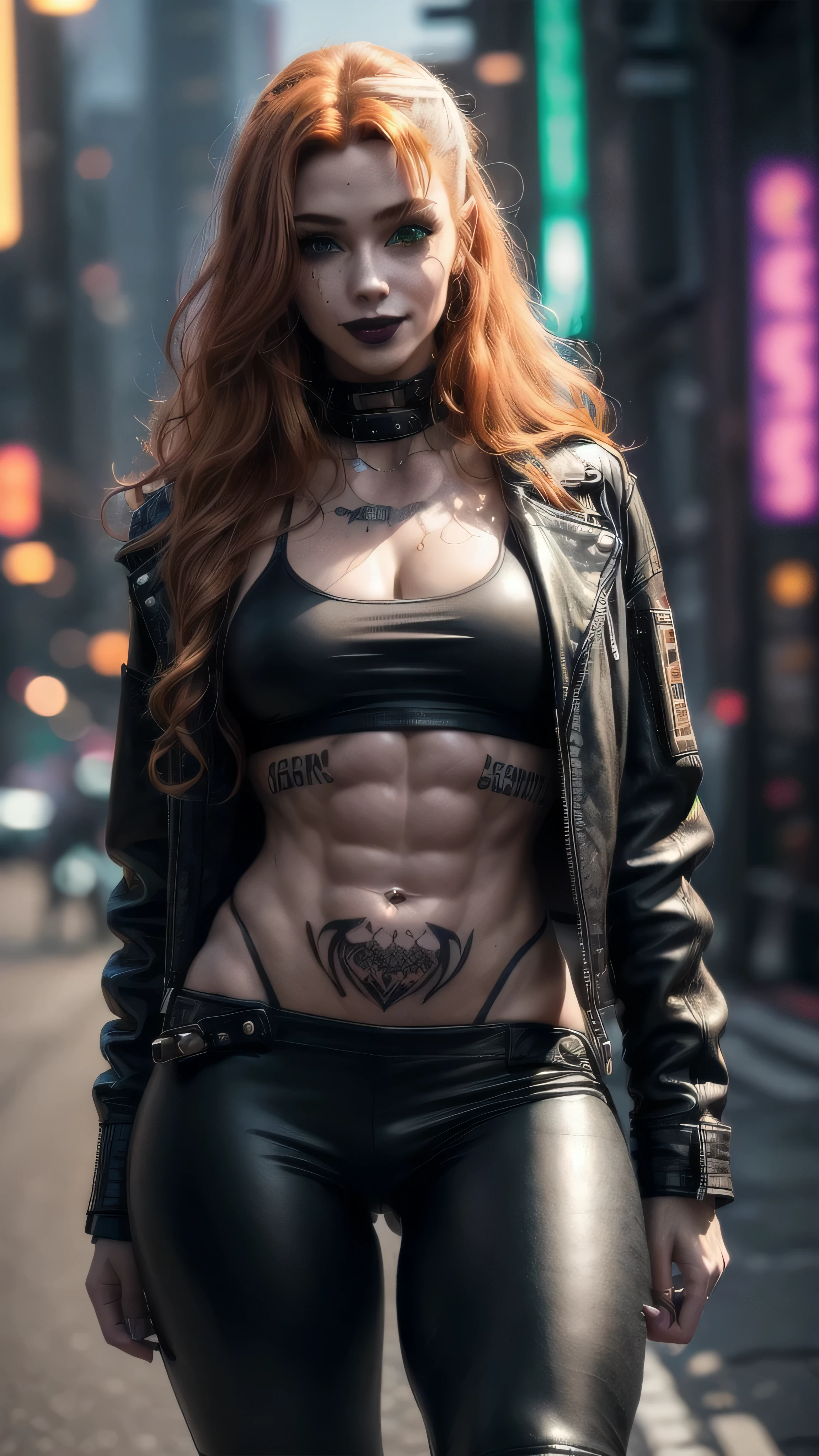 (masterpiece), (extremely intricate:1.3), (realistic), female, 19 years old, ((([small breasts:large breasts:0.8], long curly [blonde hair:bright ginger hair:0.3], solo, 1girl, (smiling black lipstick, (bodybuilder, abdominals, cyberpunk street))))), metal reflections, outdoor, intense sunlight, golden hour, professional photograph of a stunning girl detailed, sharp focus, dramatic, award winning, cinematic lighting, volumetrics dtx, (film grain, blurry background, blurry foreground, bokeh, depth of field, interaction), 8K, ((smirking, (green eyes, dark eye makeup))), ((body tattoo: 1.2)), ((fujicolor, god rays)) BREAK; BREAK (((black leather jacket, leather pants, loose white t-shirt), hyperrealistic, absurdres))
