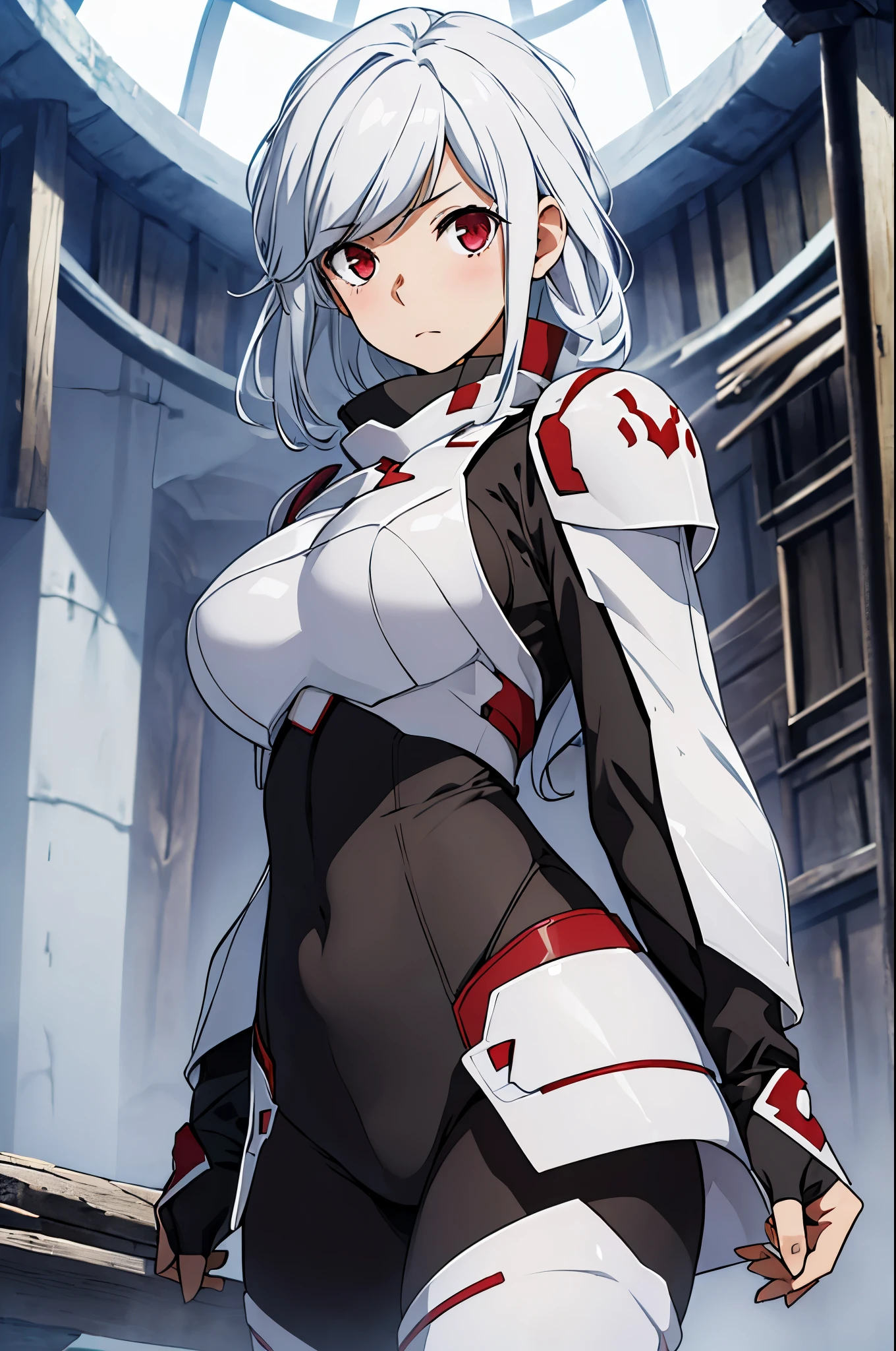 (masterpiece, best quality:1.2), expressive eyes, perfect face, highres, 1girl, solo, (female:1.5), bell cranel, long hair, white hair, red eyes,  black bodysuit, armor, blushing, standing, cowboy shot, looking at the viewer