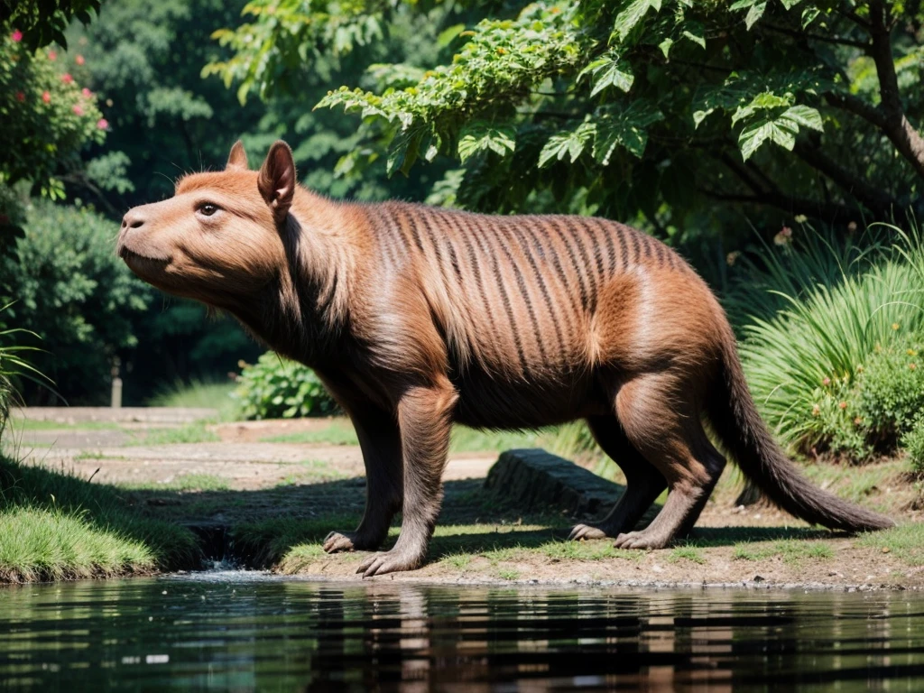 best quality,4k,8k,highres,masterpiece:1.2,ultra-detailed,realistic,(((a capibara))),beautiful animals,cute creatures,furry animals,detailed fur texture,friendly eyes,relaxing environment,natural scenery,peaceful atmosphere,green foliage,clear water reflections,soft sunlight,warm color palette,serene expression,happy capibara,photorealistic style