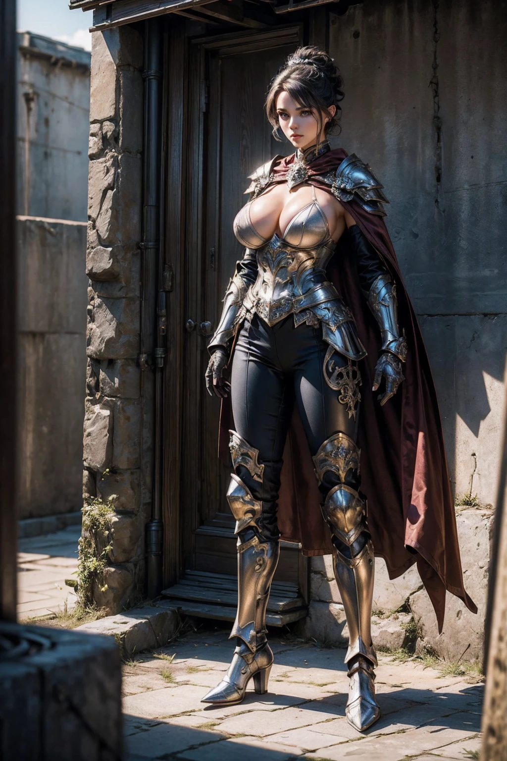 ((show full body from head to toe, standing, body facing to the viewer (show front body)). Tall body, fit body, slender body, big breast. A woman wearing steel armor with pants, gloves, pauldron with cape, show steel boots, chest armor, steel armor with ornate. short hair with updo. Masterpiece:1.5, illustration:1.1, best quality:1.5, fine detail, 4k, HDR, natural lighting, bright lighting, sharp focus, smooth detail, HDR. Outdoor at a town