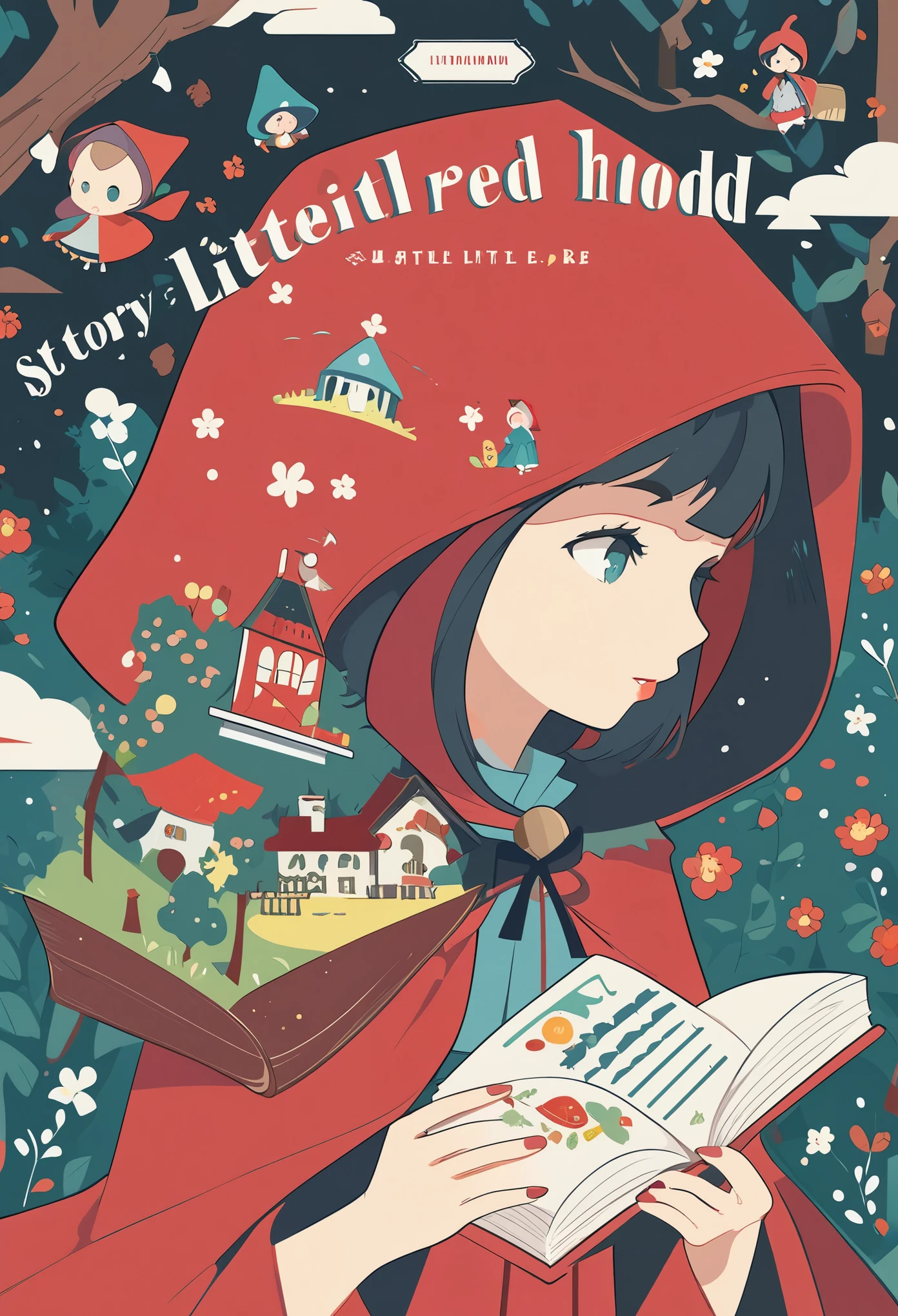 picture book cover, story of Little Red Riding Hood, flat Design, vector illustrations, graphic illustration, detailed 2d illustration, flat illustration, digital illustration, digital artwork,