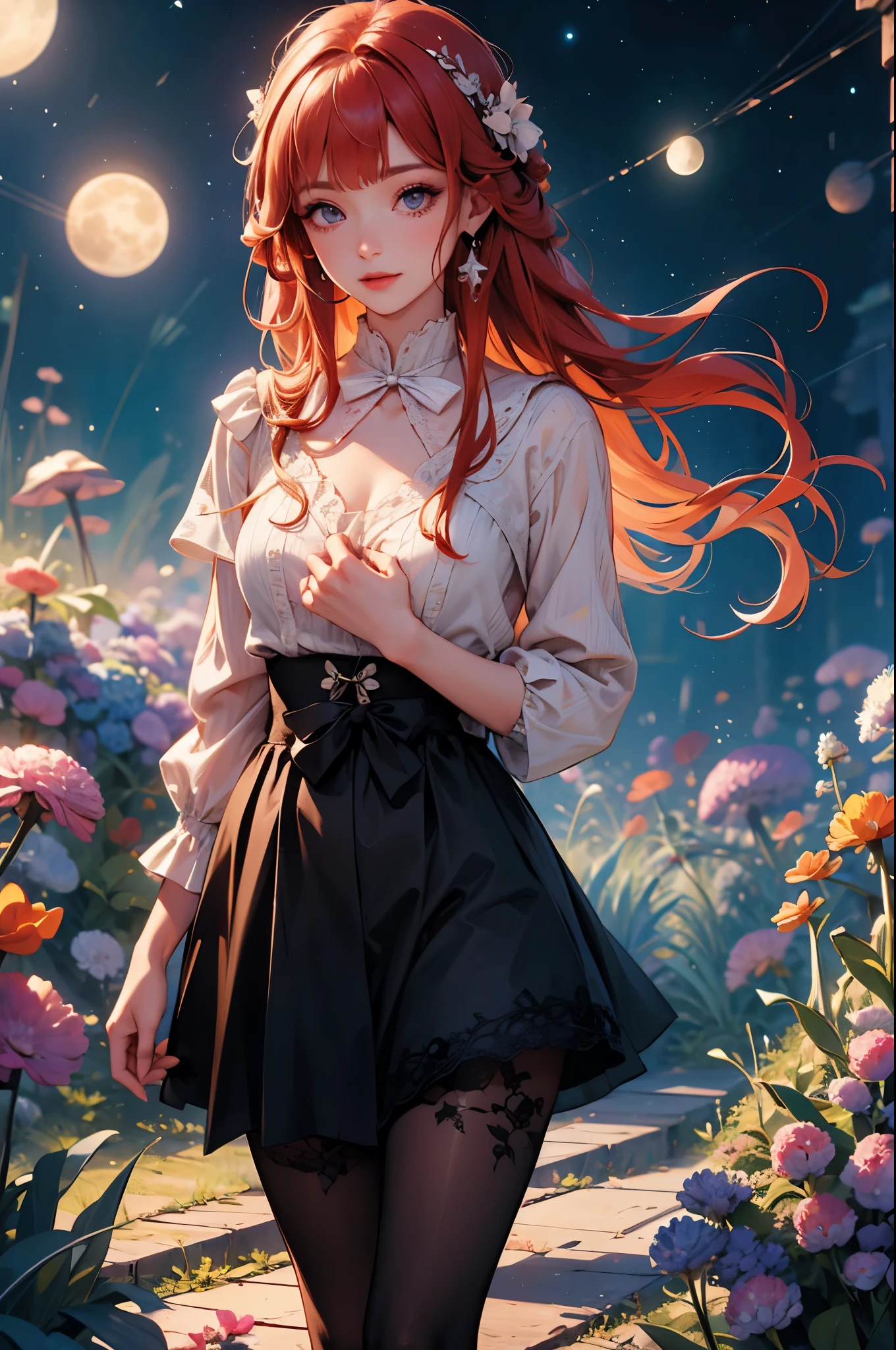 (original photo, low photo, best quality, masterpiece:1.3), (Practical, photo Practical:1.2), Ultra-high resolution, Ultra HD, High-detail color photos, Extremely detailed CG unified 8k wallpaper, Sharp focus, absurd, (Practical skin, Delicate skin, Clear, fair and radiant skin), Best Anatomy, (Movie Lighting), Glossy lips, 1 Girl, Long wavy hair, Hair accessories, Cute face, Smile, Looking at the audience, 1 Girl, , illustration, (outdoor, night, Star, moon), Black skirt, Pantyhose, surprise, Perfect anatomical structure. Perfect hands., Long legs