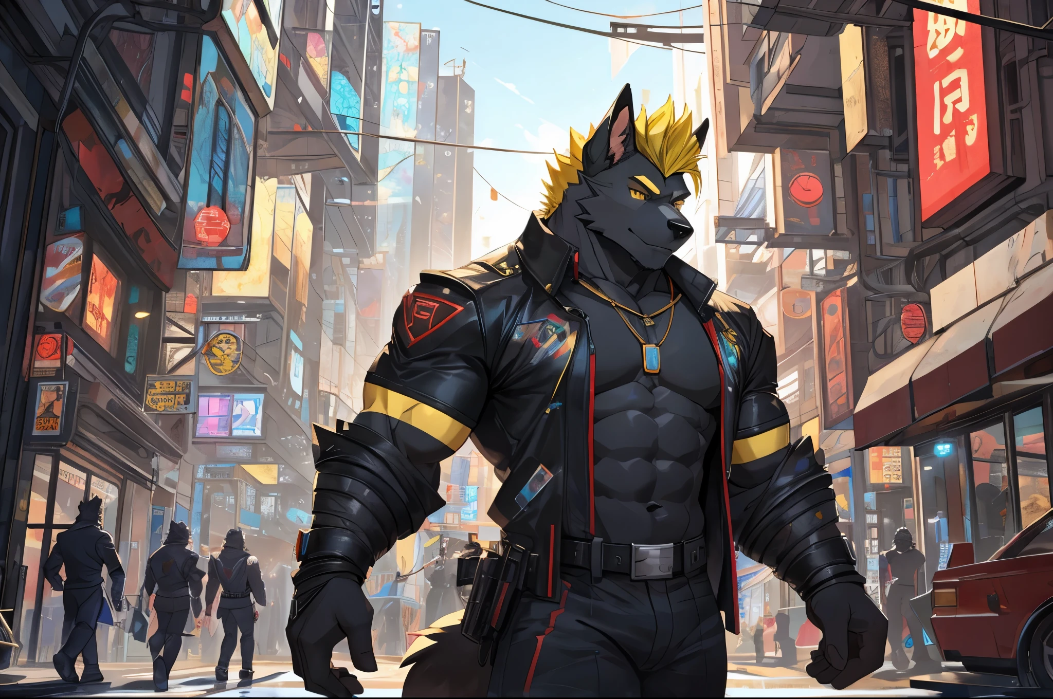 perfect face, bara furry, dog man, big body, black skin, short quiff yellow hair, yellow eyes, perfect eyes, big dog ears, handsome, cyberpunk, in city street