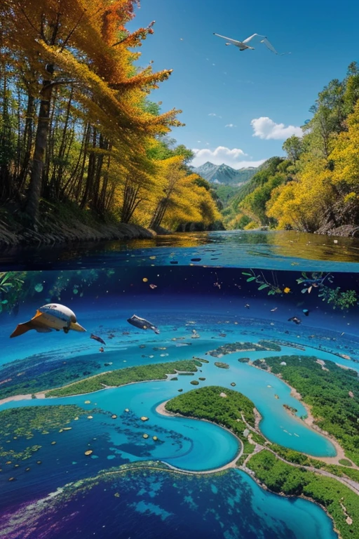 Create an artwork that celebrates the beauty and importance of our planet Earth. Use vibrant colors and unique patterns to depict the diversity of nature and the interconnectedness of all living beings. Show how we can protect and preserve our environment for future generations. Let your imagination soar and inspire others to take action for a sustainable and eco-friendly world.