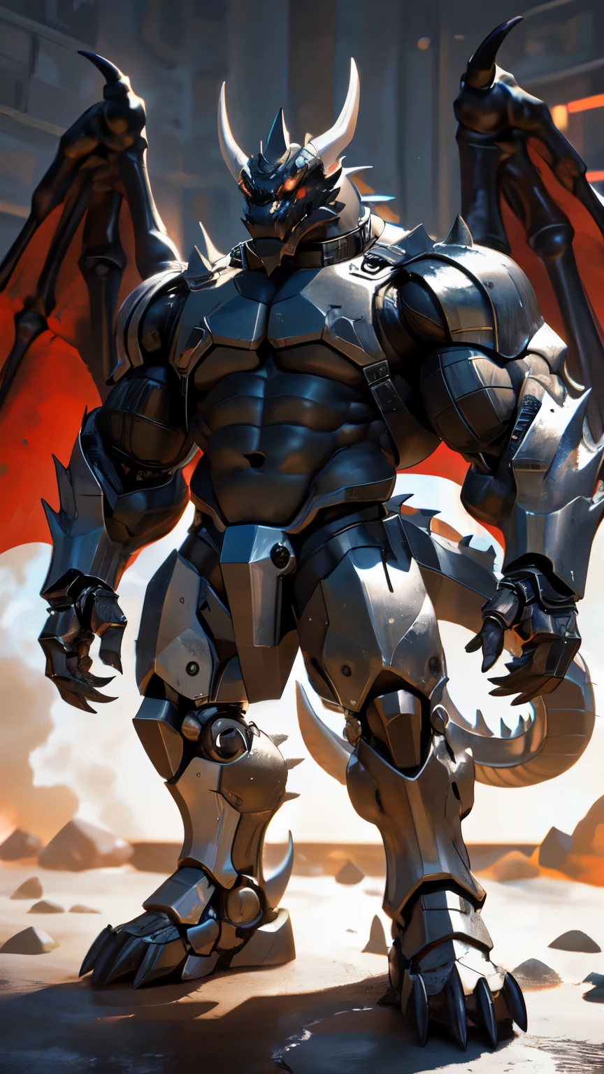 An advanced bionic mech, cybrog, anthro, dragon, male, full body, Muscle, Delicate face, Delicate eyes, 1 tail, (glowing LED), energy, outdoors, extremely detailed CG unity 8k wallpaper, realistic, masterpiece, highest quality, lens flare, unreal engine, trending on ArtStation, Intricate, High Detail, dramatic, realism, beautiful and detailed lighting, shadows, black scales, rubber goo body, wings, evil looking, crimson glowing eyes, black and evil armor, futuristic evil armor, heavy armor, snout-cover armored mask, balanced physique, muscule-shaped armor, evil master, a pair of IFBB-bodybuilder level of muscular great wings, evil dominator, war machine, hunk, hulking IFBB muscular physique, thick arms and legs, heavy evil armor boots, muscular texture and details on evil armor, exposed muscular abdomen IFBB level of muscles, metal collar, muscular inner thighs, majestic, detailed IFBB bodybuilder muscles inside of the armor, dark master, crimson and black wings, harness armor, nipple piercings, long legs, pit fiend, cybernetic visor