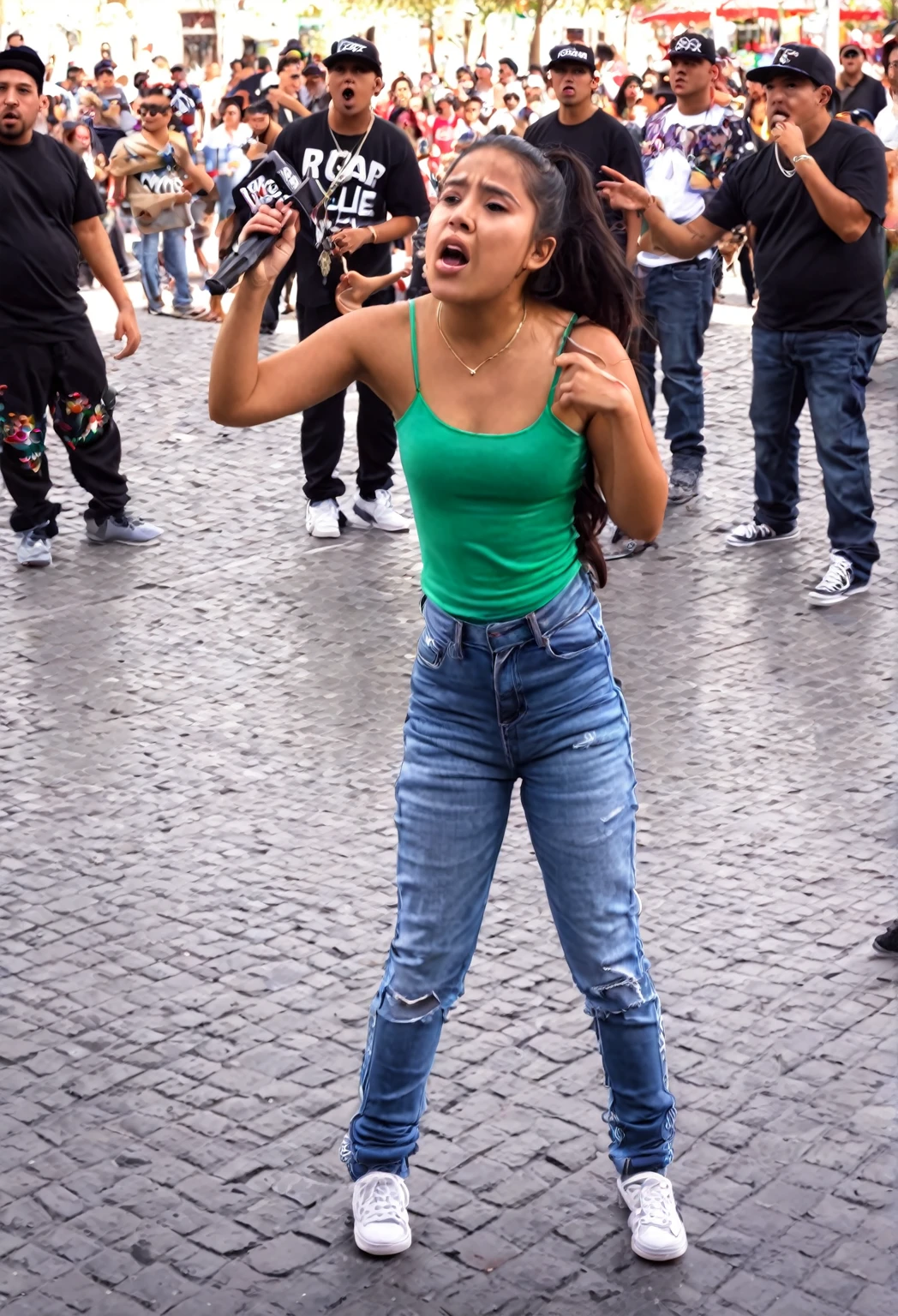 22 year old Mexican woman in a plaza having a rap battle