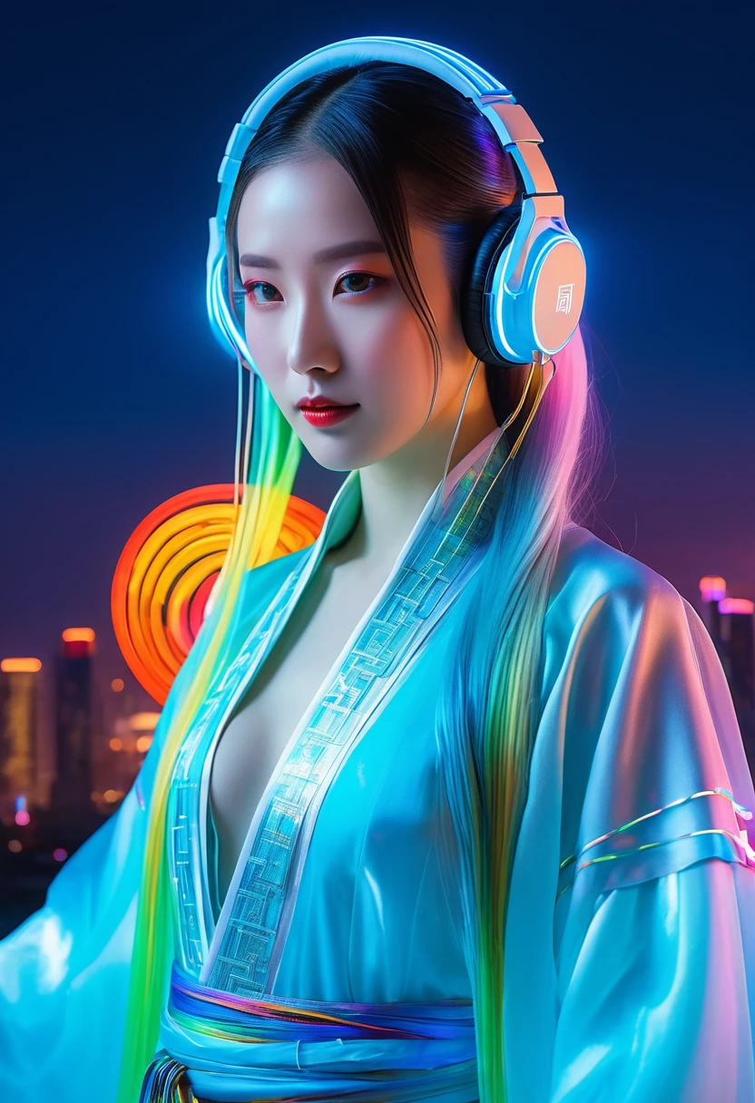 Tang Suit,Chinese Hanfu,Photo of a woman wearing colorful technology, In a flowing surrealist style, shining/smooth, Accurate and realistic, Hard surface modeling, Precisionism, Light silver and sky blue, project/construction and design,Luminous headphones, Glowing Hair Accessories, Long hair, Luminous earrings, glow necklace, Cyberpunk,Transparent clothes,Rainbow Colors