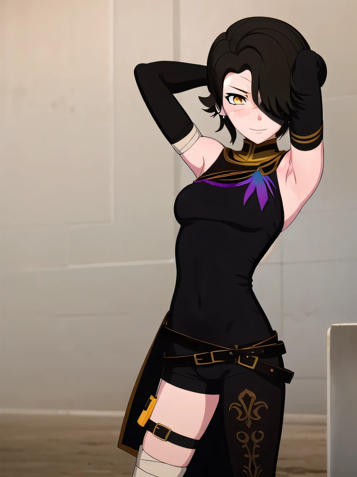 cinderfall, cinder fall, short hair, black hair, (yellow eyes:1.5),
BREAK gloves, dress, jewelry, earrings, black gloves, elbow gloves, hair over one eye, tattoo, scar, shorts, black gloves, belt, bandages, dress, black dress, solo,
contrapposto, spread armpit, arms behind head, smile, BREAK looking at viewer, (cowboy shot:1.5)