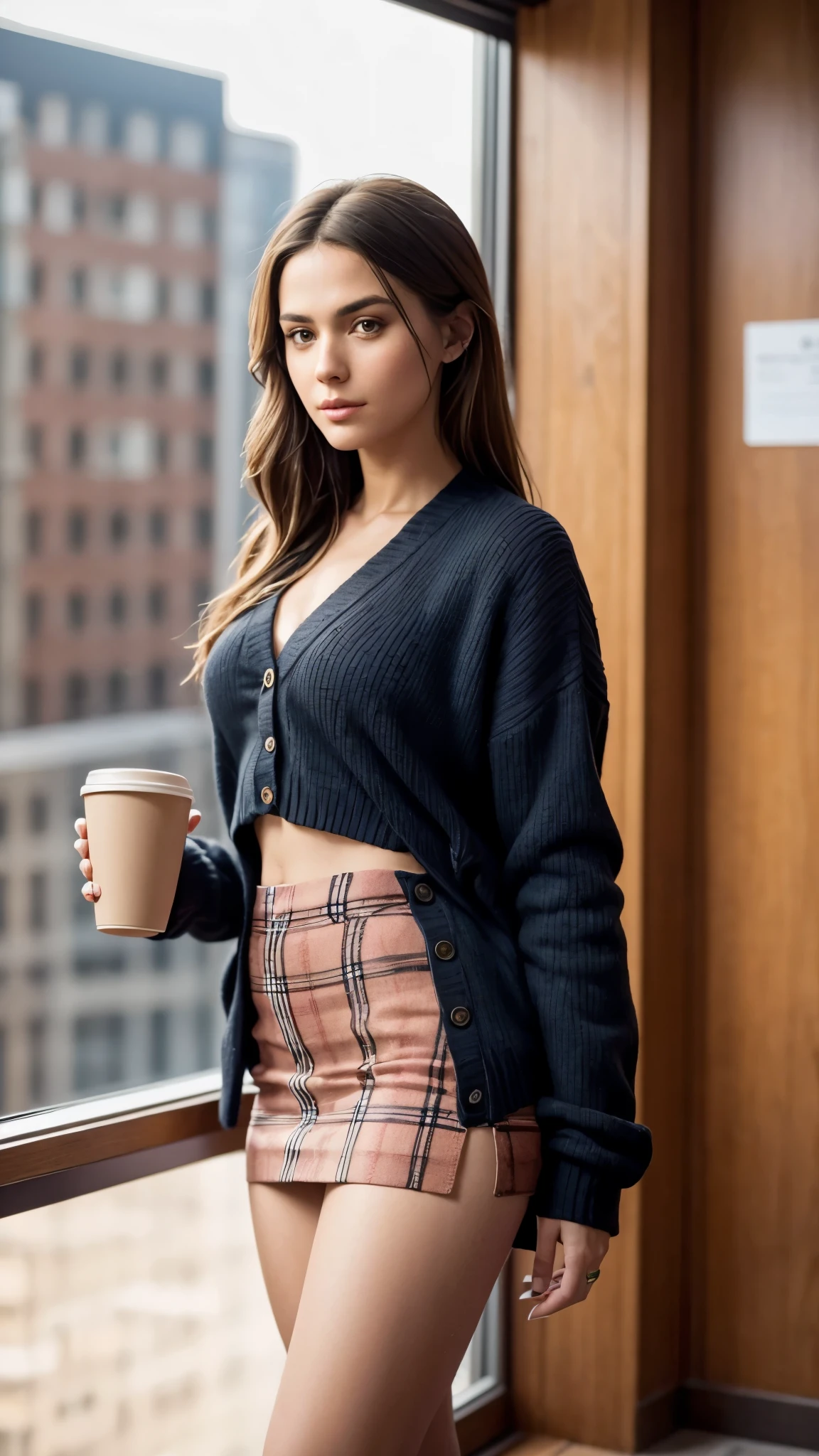 Indoors, portrait, a 16-year-old Kassandra holding a coffee cup, black cropped knitted cardigan, arm:1, dark red narrow skirt with black plaid pattern, black knee-high suede boots, standing next to an office window