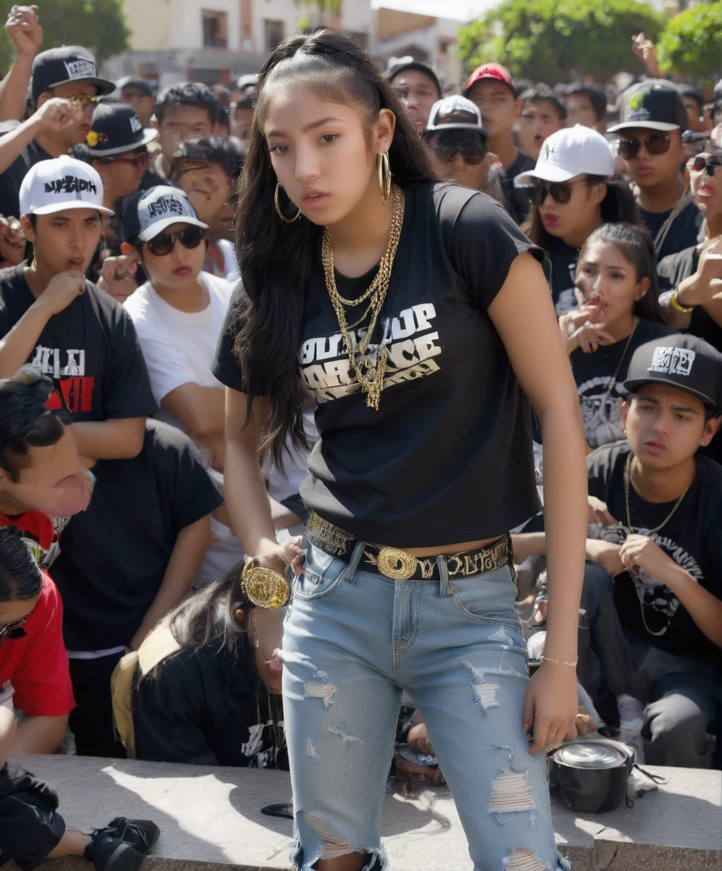 20 year old hip hop girl in a rap battle in a Mexican plaza
