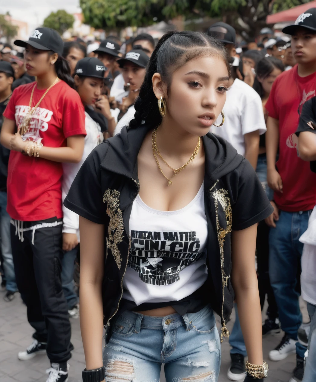 20 year old hip hop girl in a rap battle in a Mexican plaza