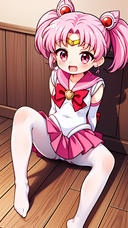 Sailor Moon,young年,Seven years old,cute,(Little ),Pink hair twintails,short hair,Sailor Suit,Red bow,White elbow gloves,Red Skirt,No shoes,Open your mouth,laughing out loud,Fangs,(White pantyhose),Sole,Soles,(young),(little man),sit